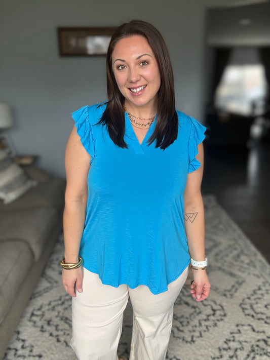 Lizzy Flutter Sleeve V-Neck Blouse in  in Aqua