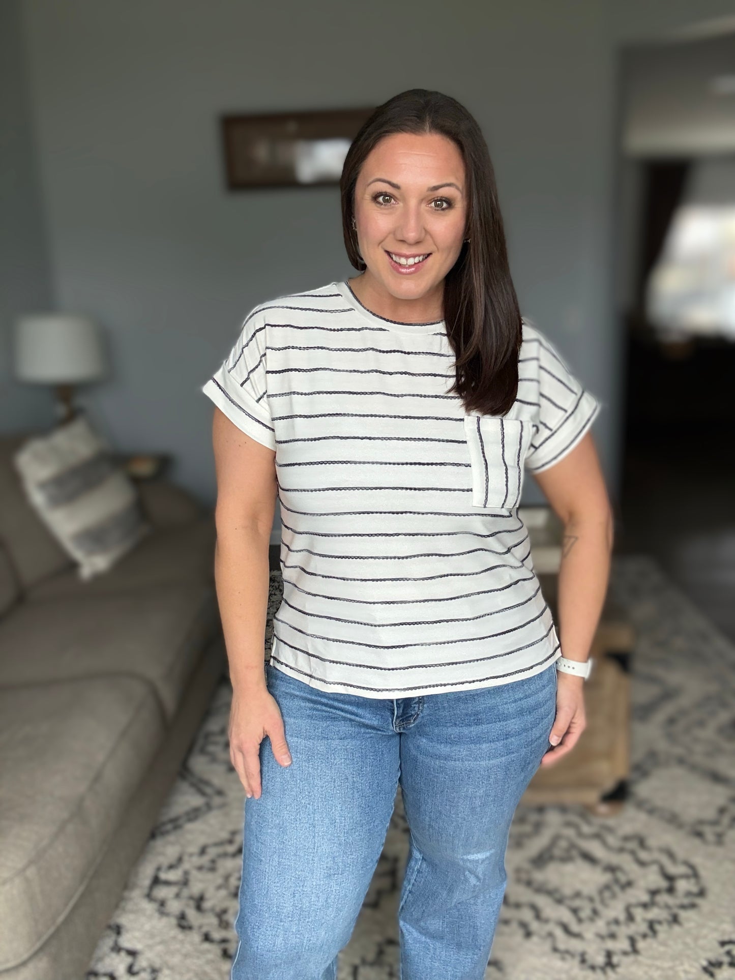 Ivory and Black Striped Ribbon Knit Top