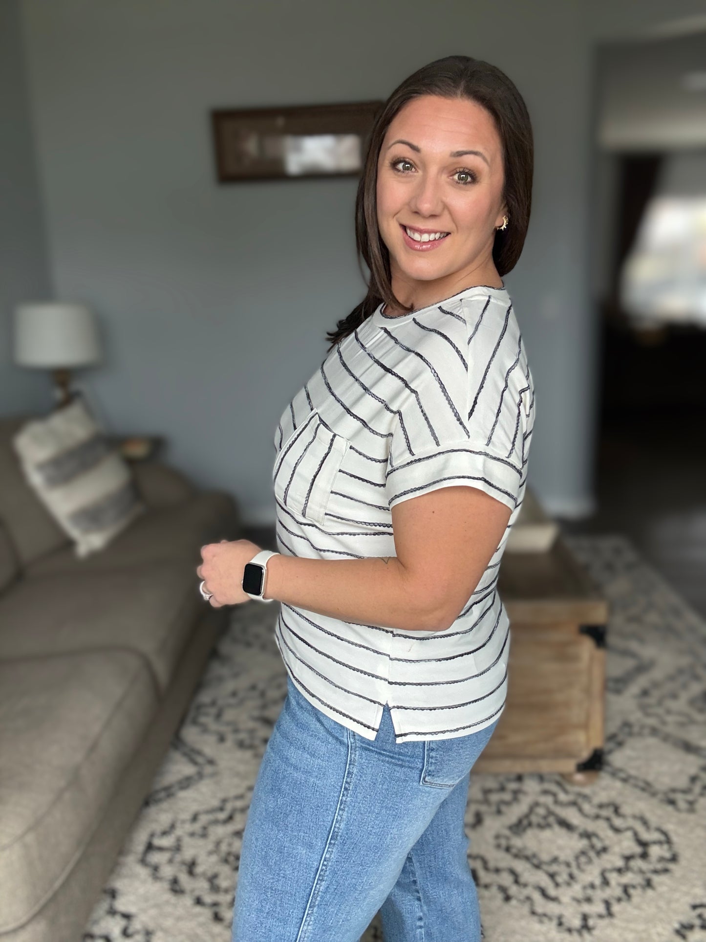 Ivory and Black Striped Ribbon Knit Top