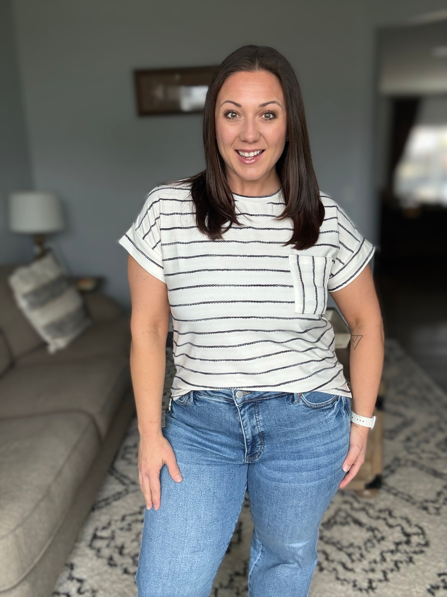 Ivory and Black Striped Ribbon Knit Top