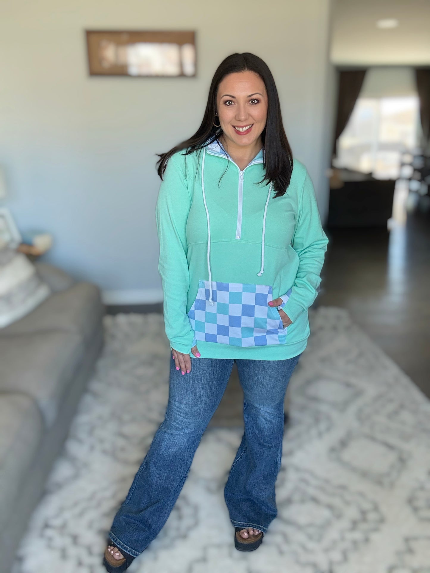IN STOCK HalfZip Hoodie - Mint with Blue and Mint Checker MM EXCLUSIVE