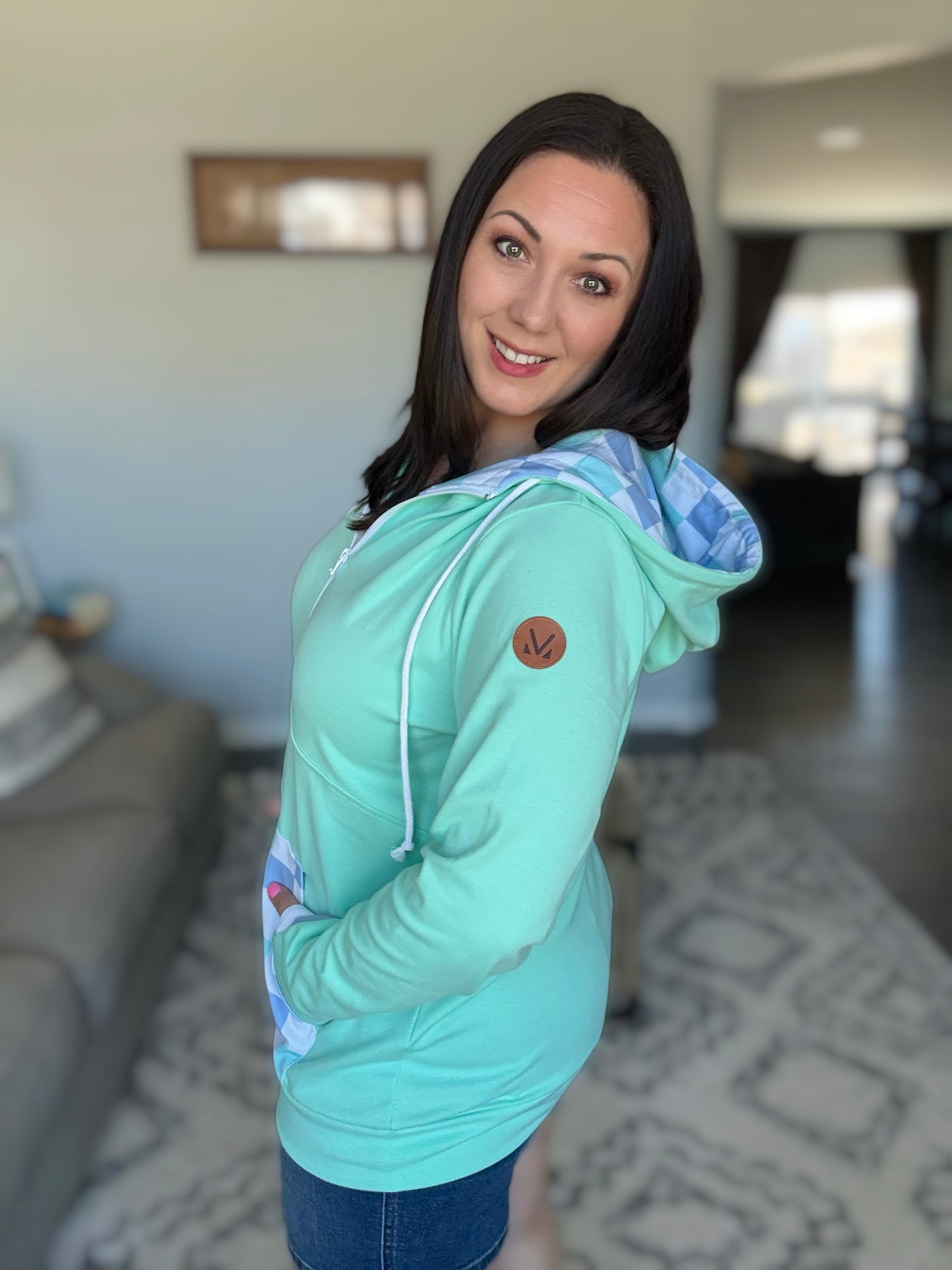 IN STOCK HalfZip Hoodie - Mint with Blue and Mint Checker MM EXCLUSIVE