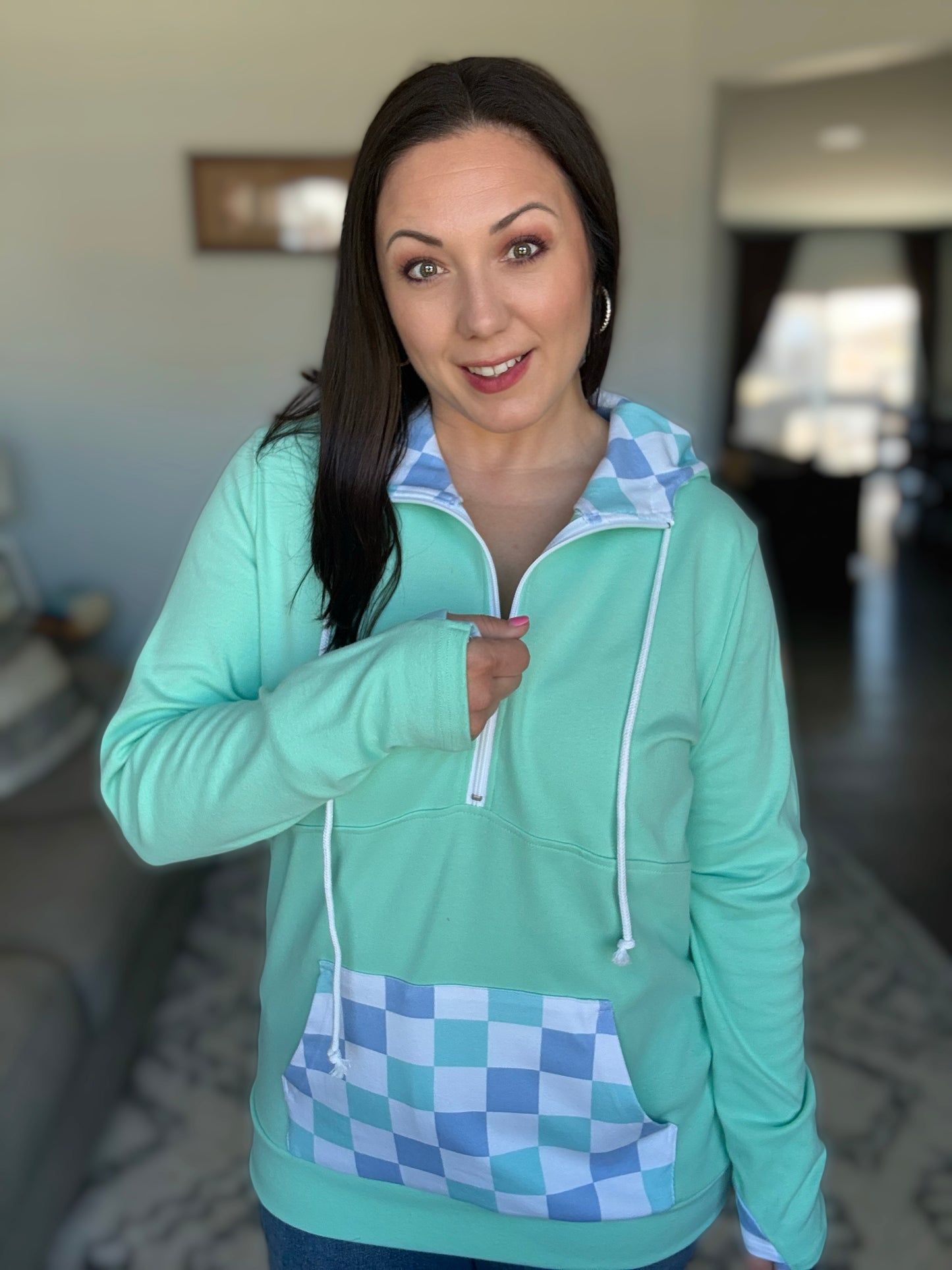 IN STOCK HalfZip Hoodie - Mint with Blue and Mint Checker MM EXCLUSIVE