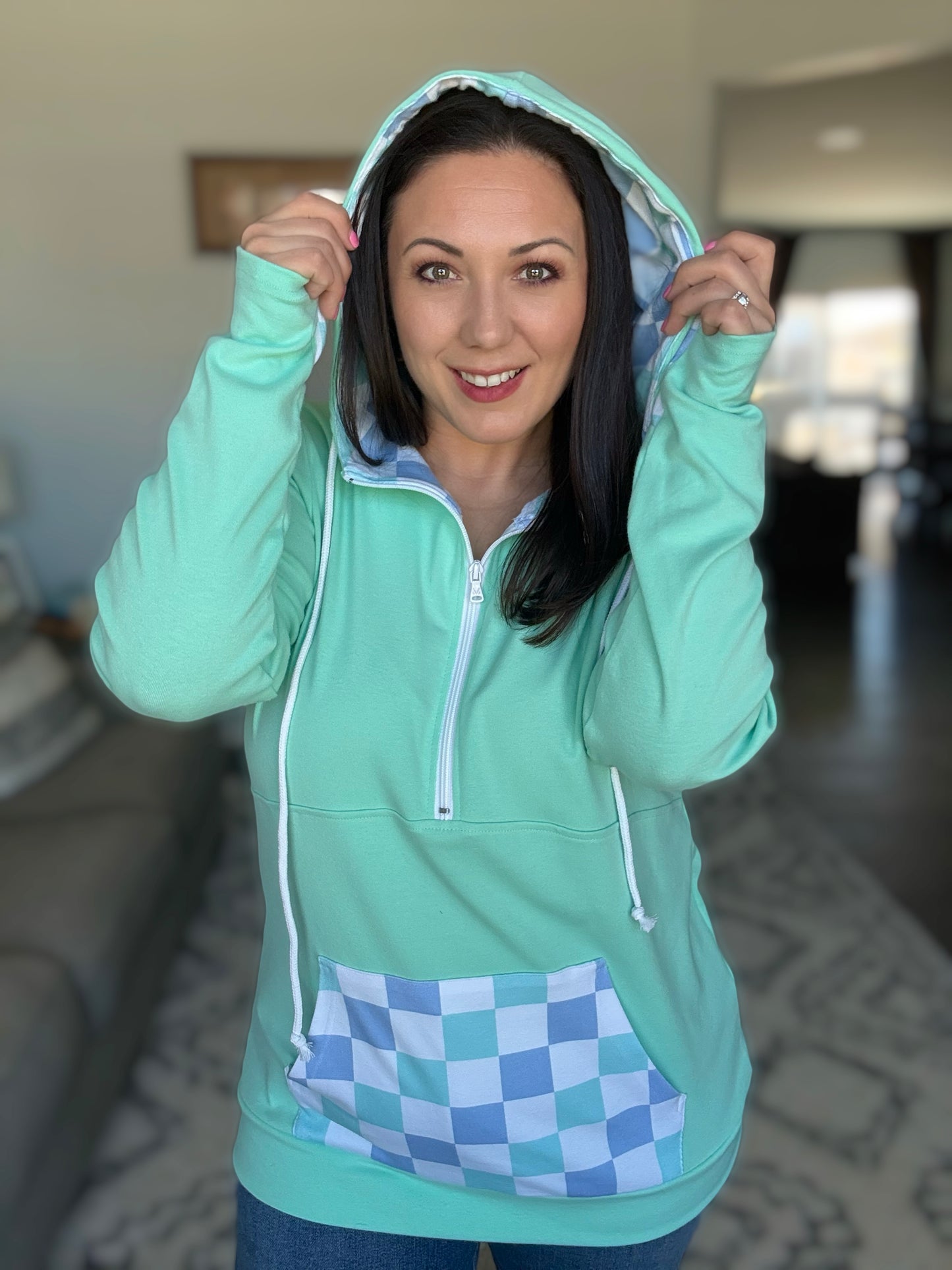 IN STOCK HalfZip Hoodie - Mint with Blue and Mint Checker MM EXCLUSIVE