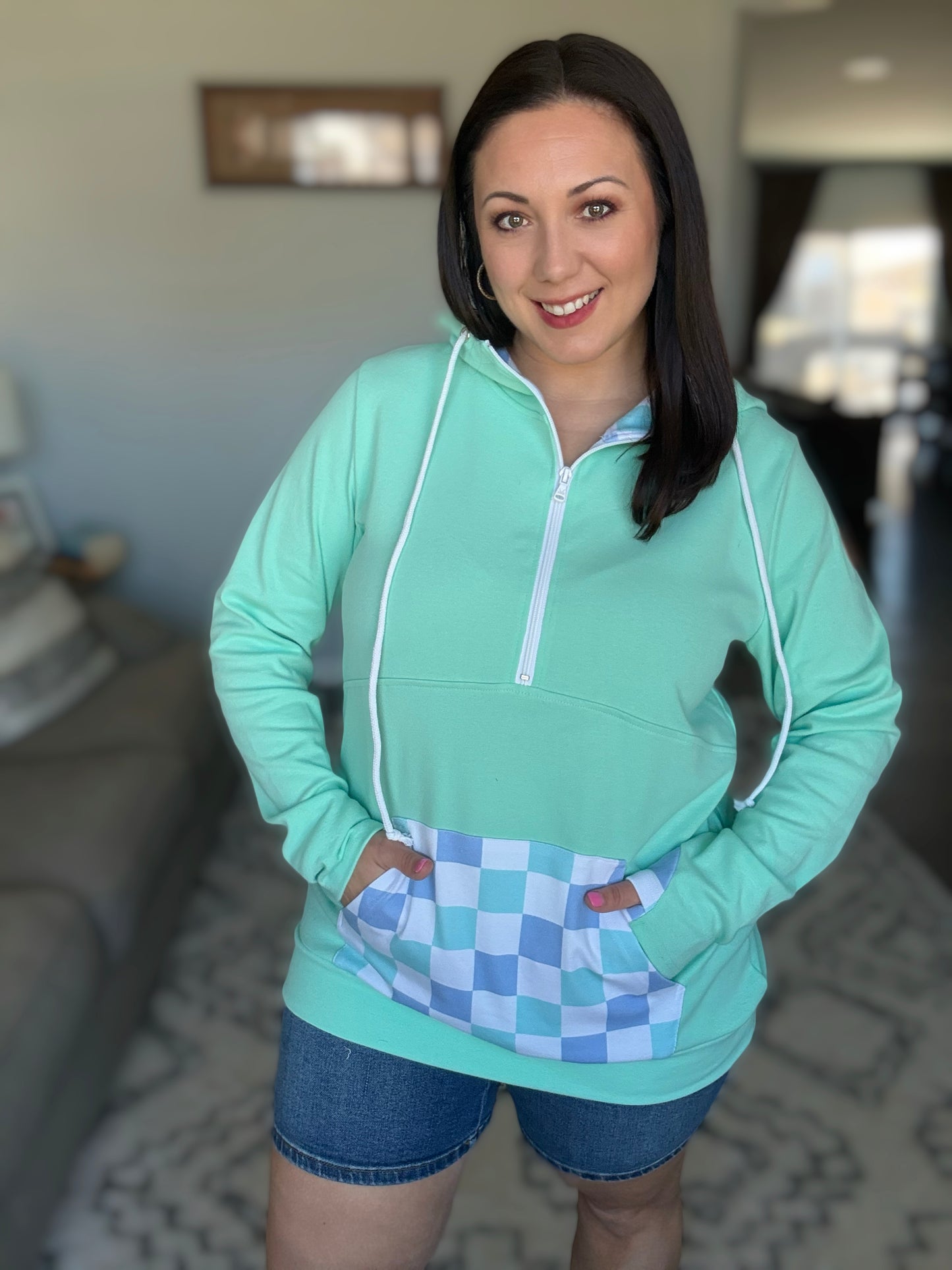 IN STOCK HalfZip Hoodie - Mint with Blue and Mint Checker MM EXCLUSIVE