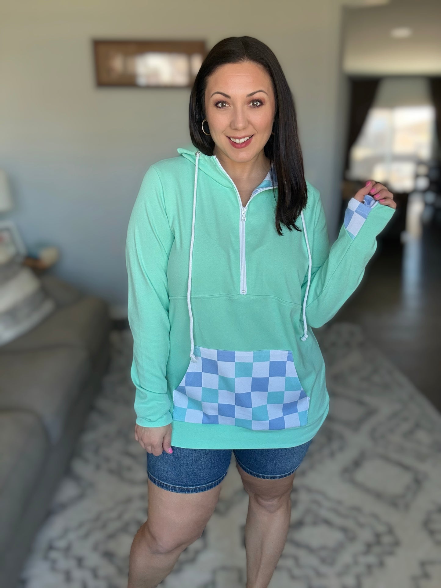 IN STOCK HalfZip Hoodie - Mint with Blue and Mint Checker MM EXCLUSIVE