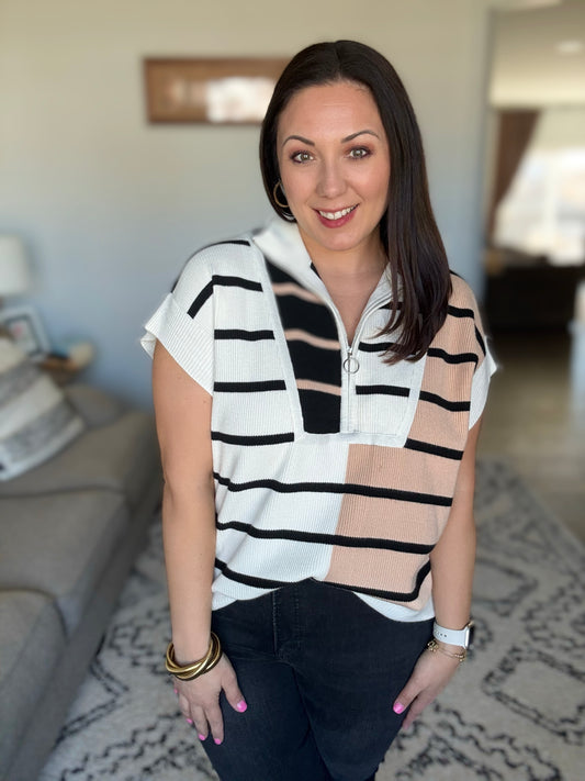*Lonely Traveler Striped Quarter Zip Vest in White