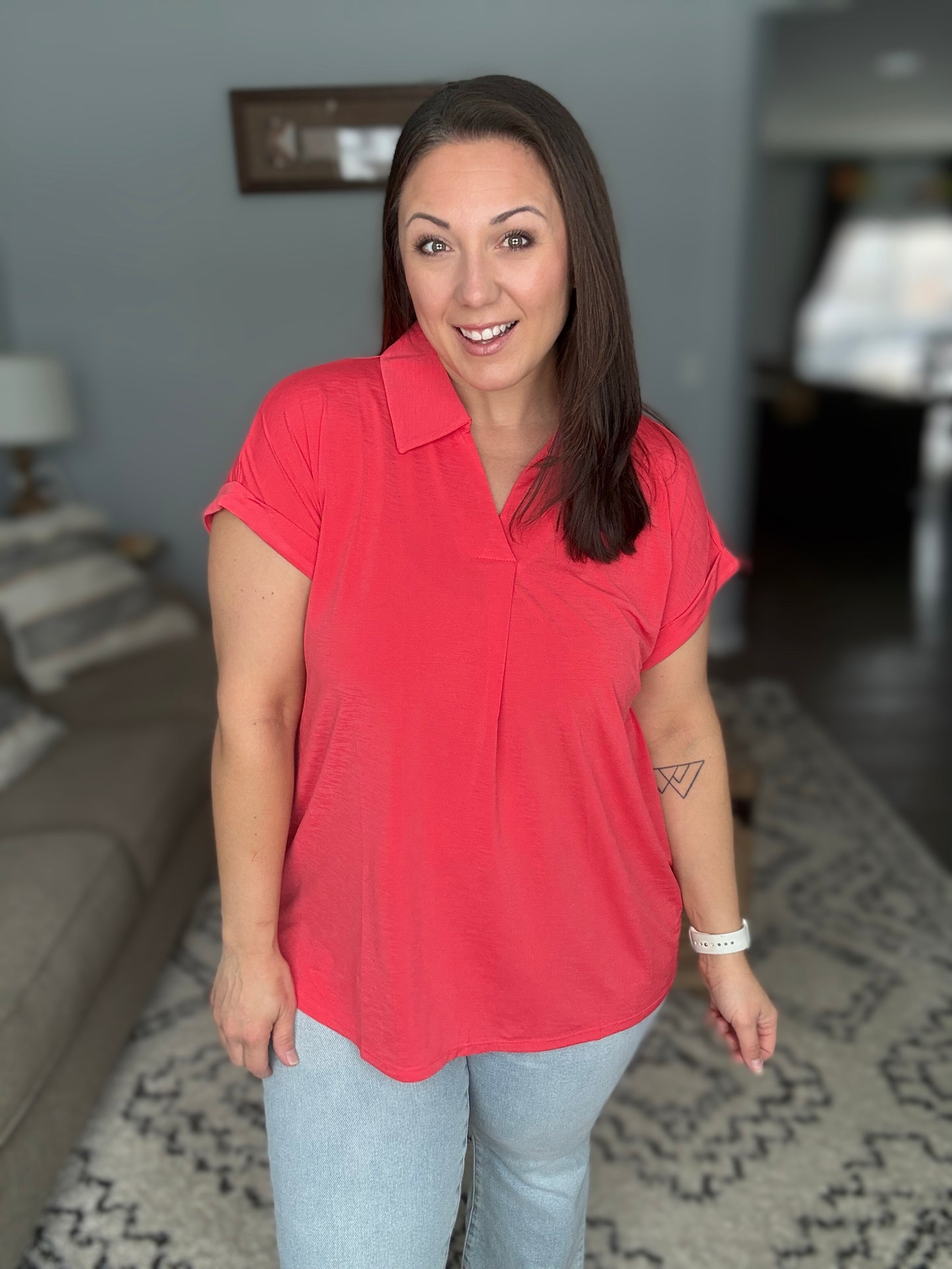 Sea You Soon Collared Top in Hot Coral