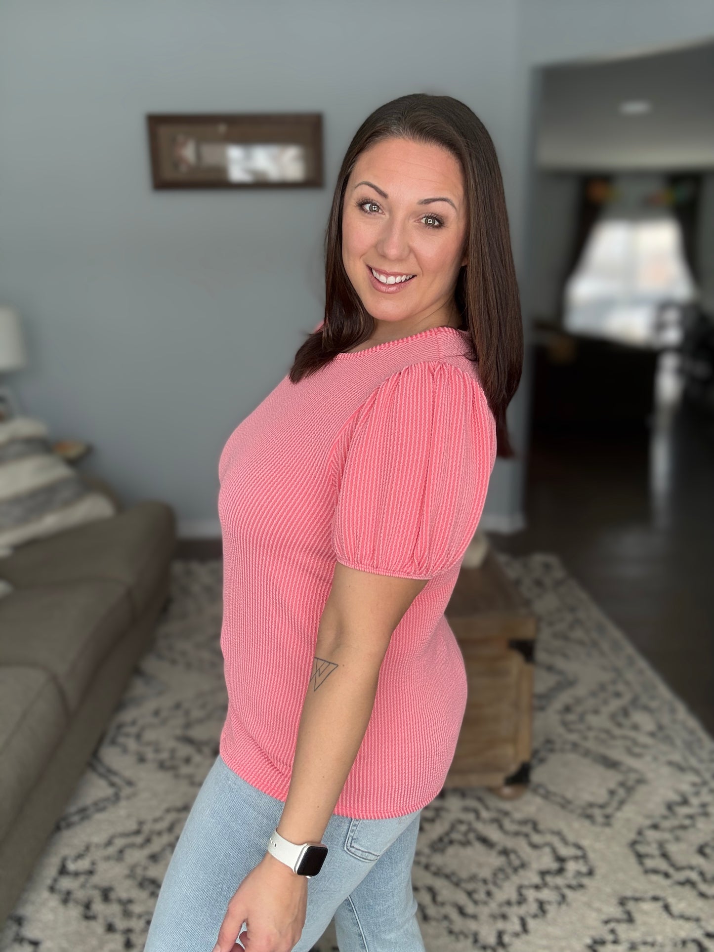 Grace & Virtue Balloon Sleeve Blouse in Coral
