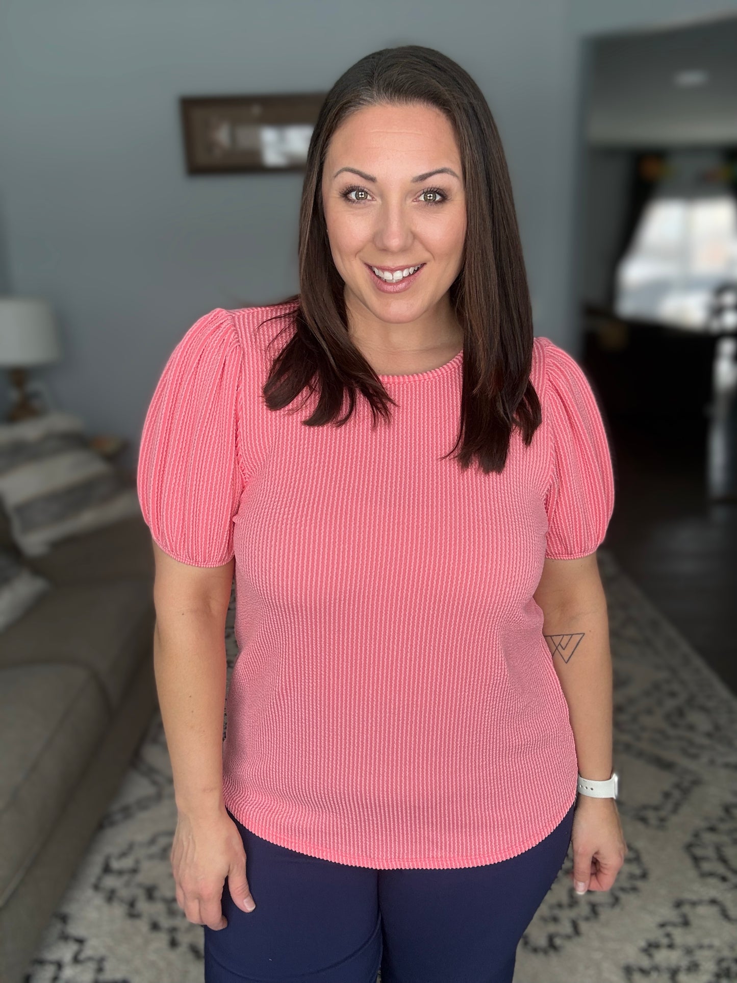 Grace & Virtue Balloon Sleeve Blouse in Coral