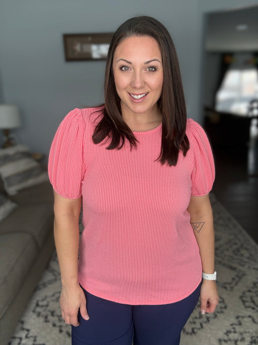 Grace & Virtue Balloon Sleeve Blouse in Coral