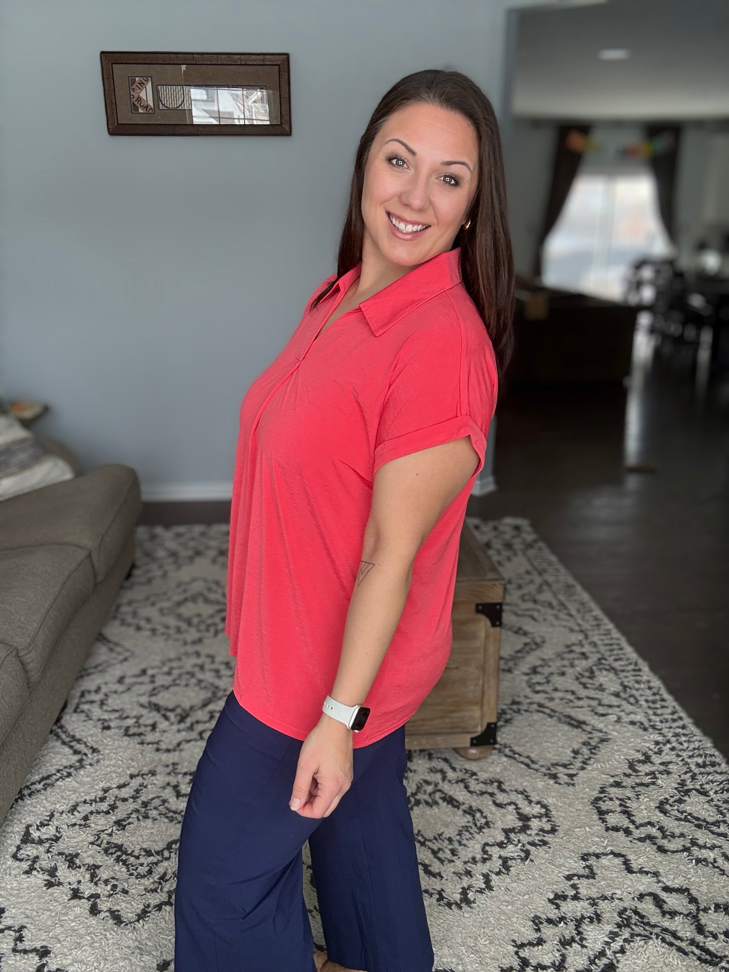 Sea You Soon Collared Top in Hot Coral