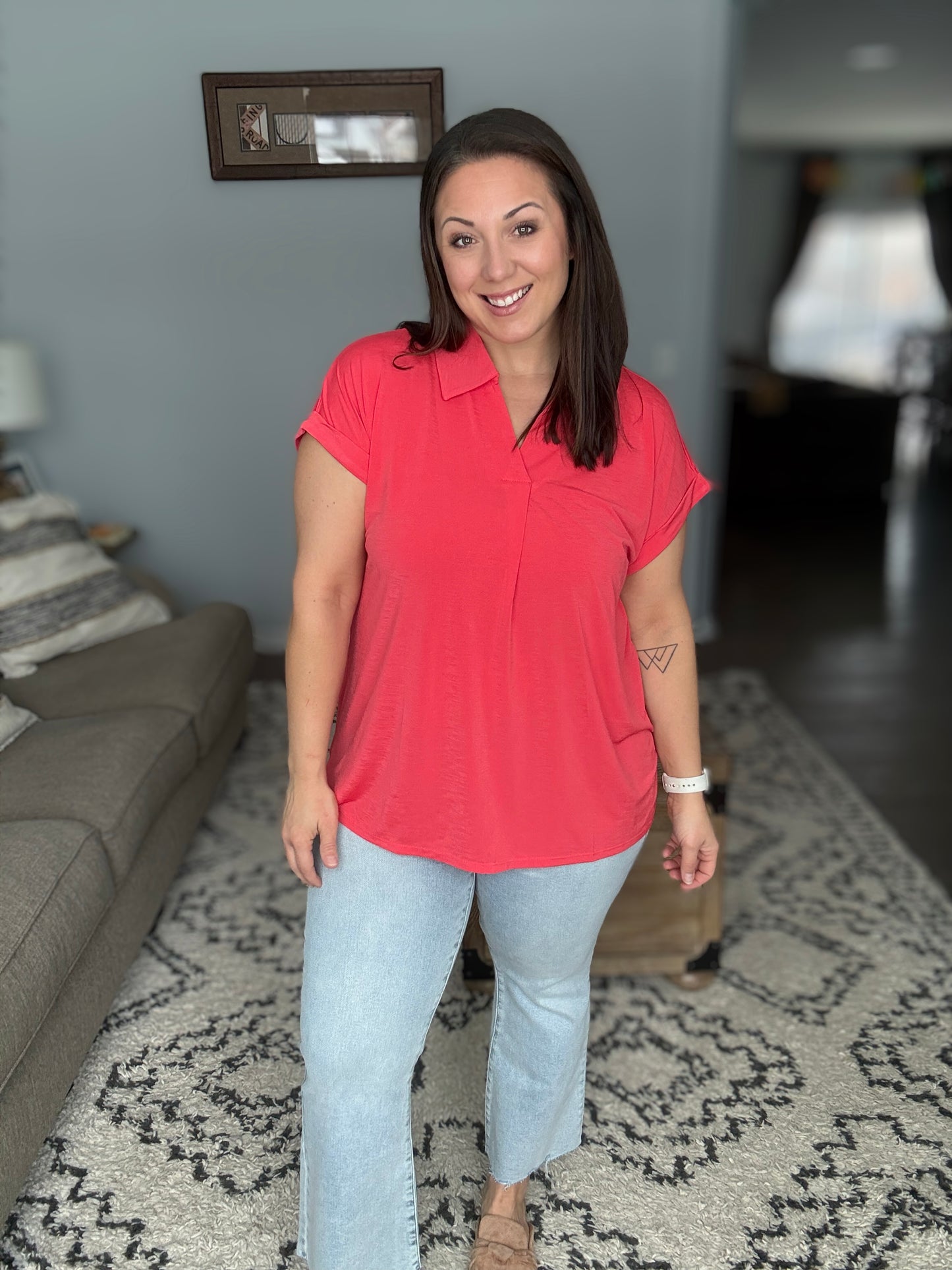 Sea You Soon Collared Top in Hot Coral