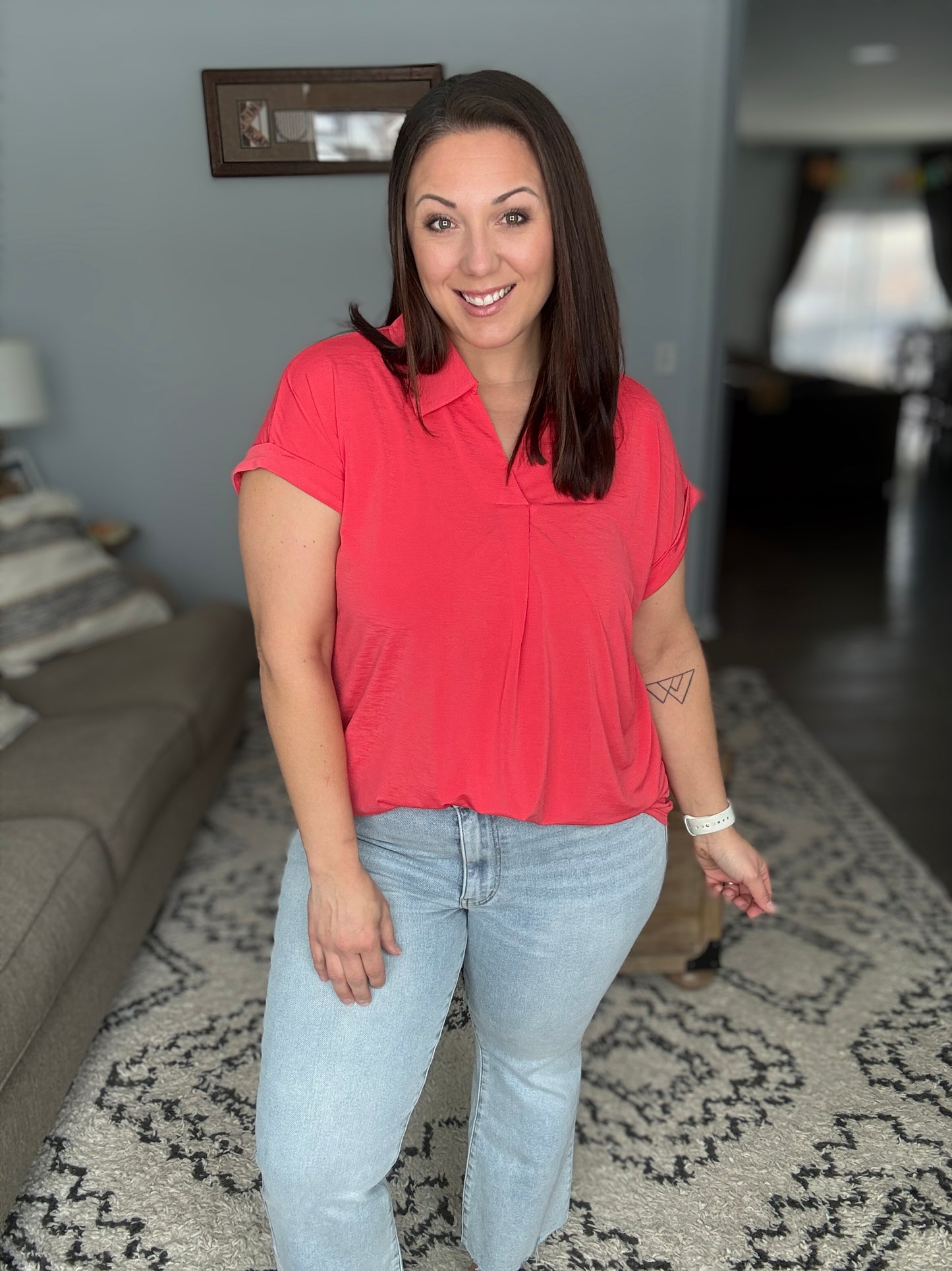 Sea You Soon Collared Top in Hot Coral