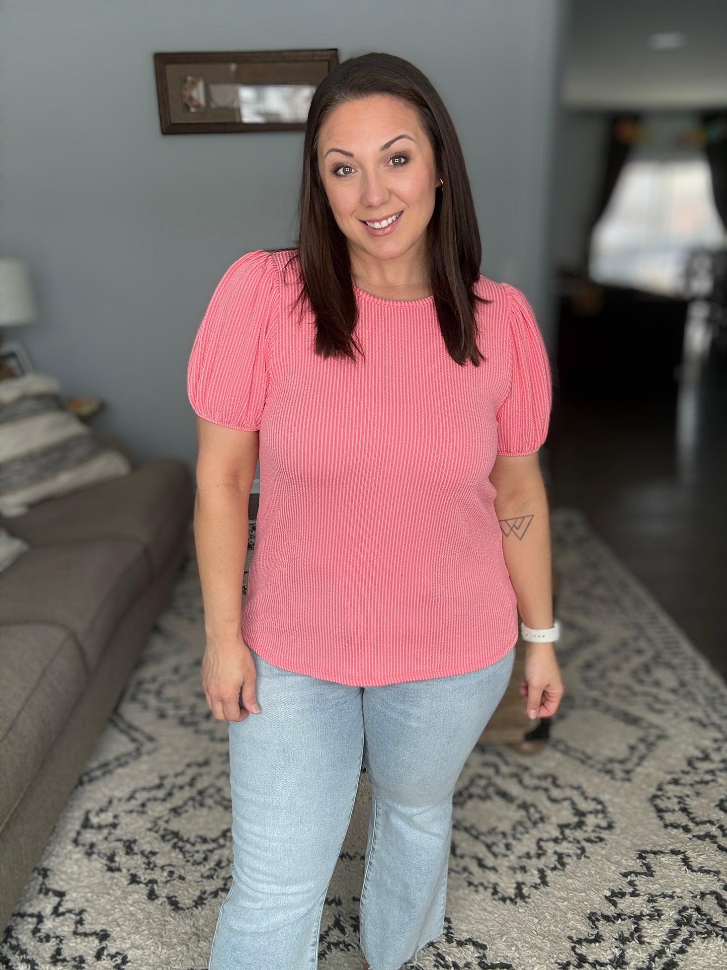 Grace & Virtue Balloon Sleeve Blouse in Coral