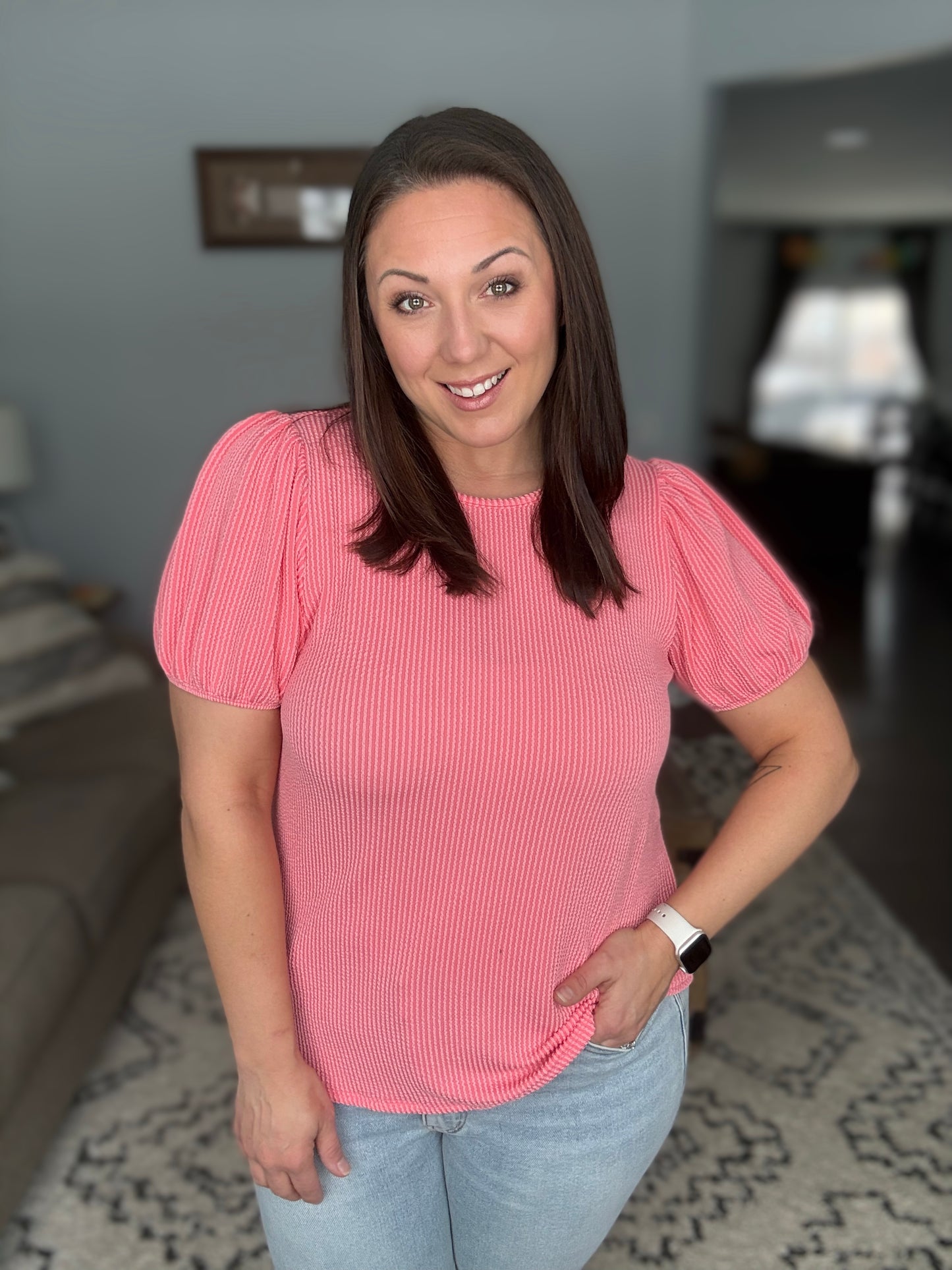 Grace & Virtue Balloon Sleeve Blouse in Coral