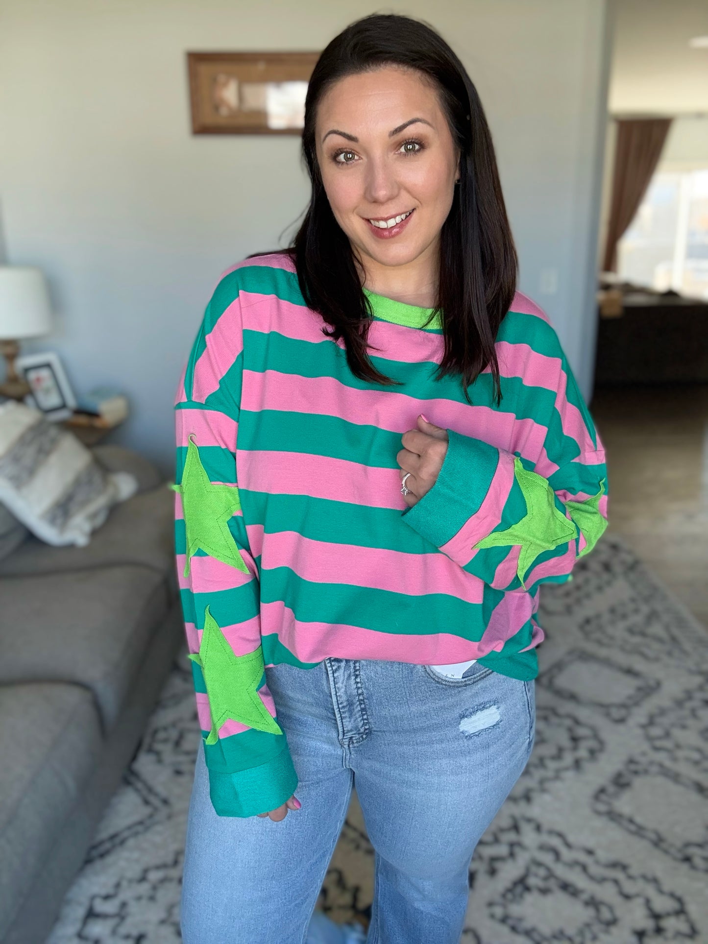 Stars On Stripes Patchwork Striped Sweatshirt