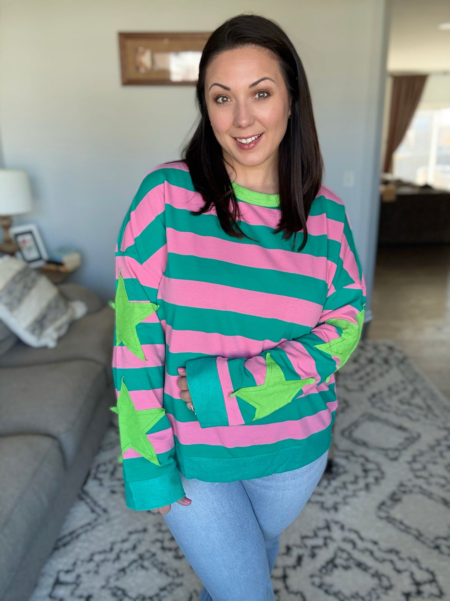 Stars On Stripes Patchwork Striped Sweatshirt