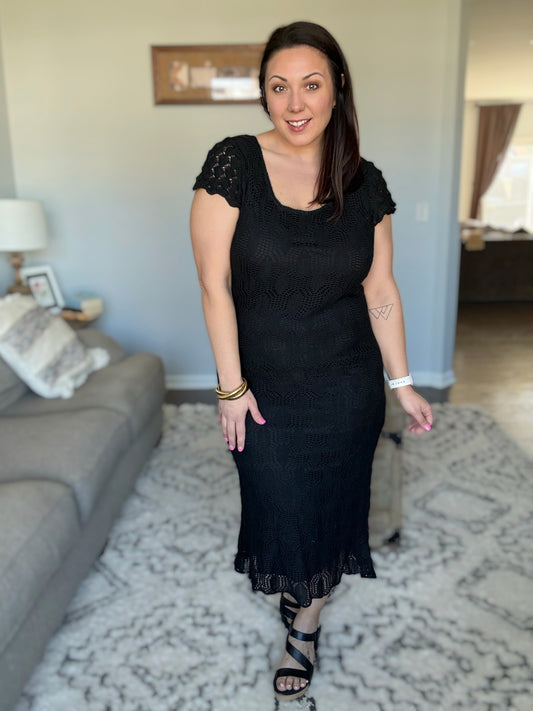 On the Town Lace Scoop Neck Dress in Black