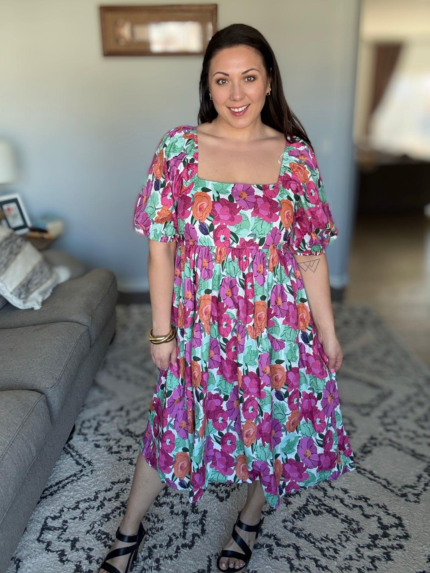 Dewdrop Blooms Puff Sleeve Floral Dress