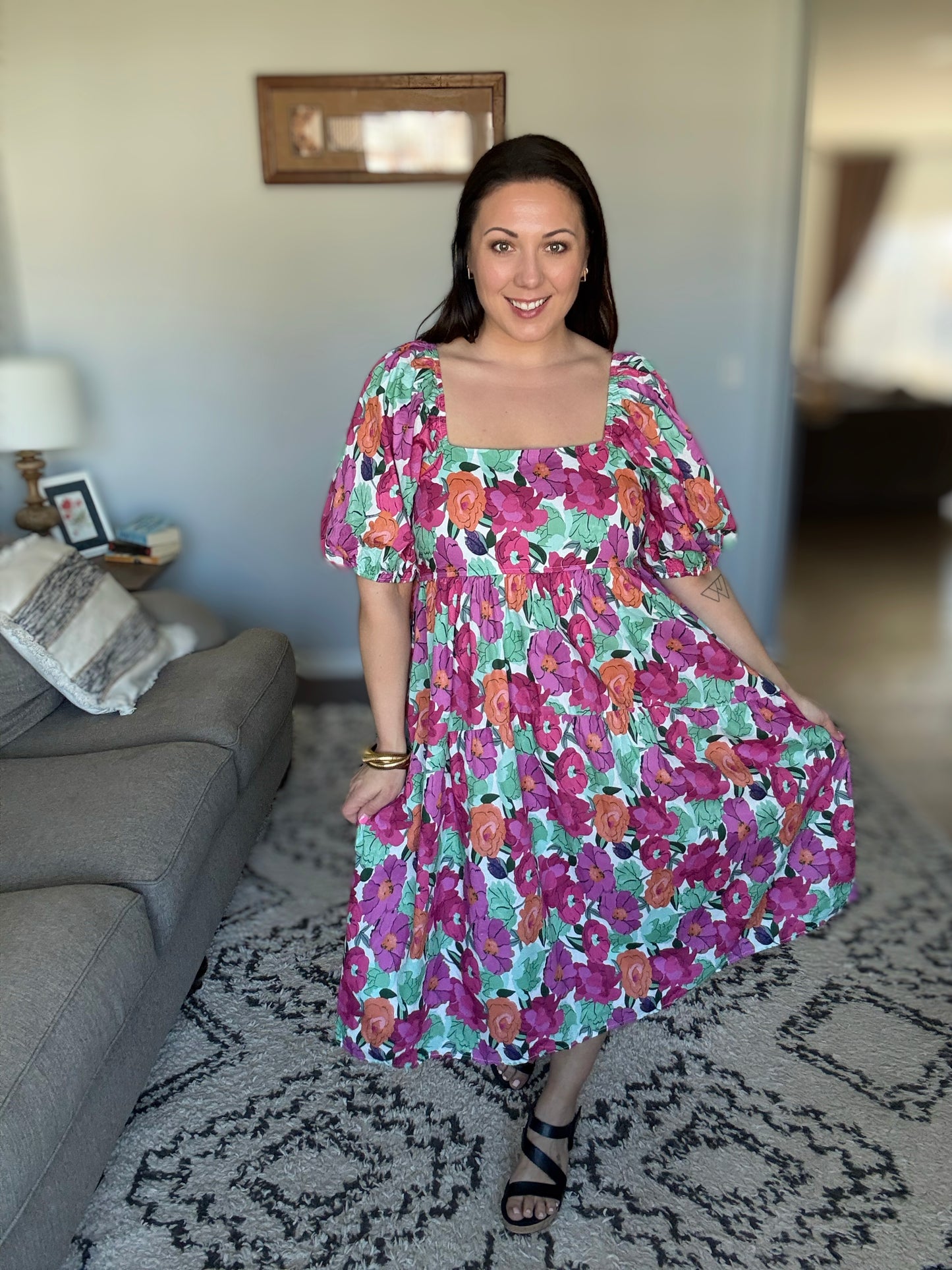 Dewdrop Blooms Puff Sleeve Floral Dress