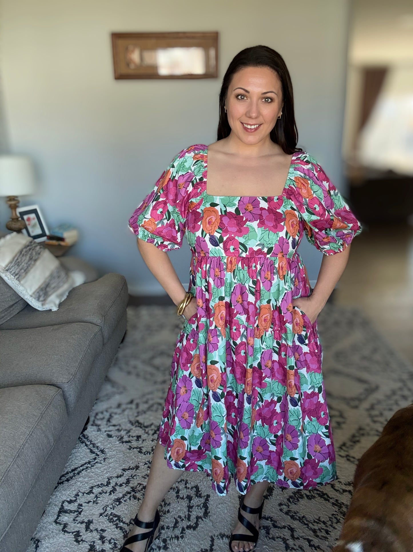 Dewdrop Blooms Puff Sleeve Floral Dress