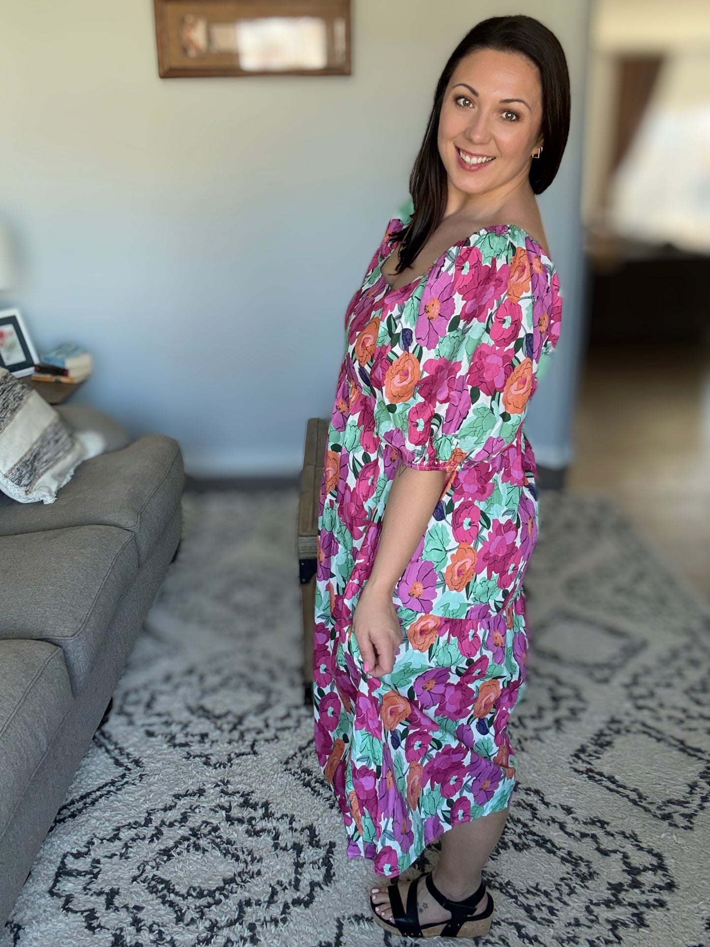 Dewdrop Blooms Puff Sleeve Floral Dress