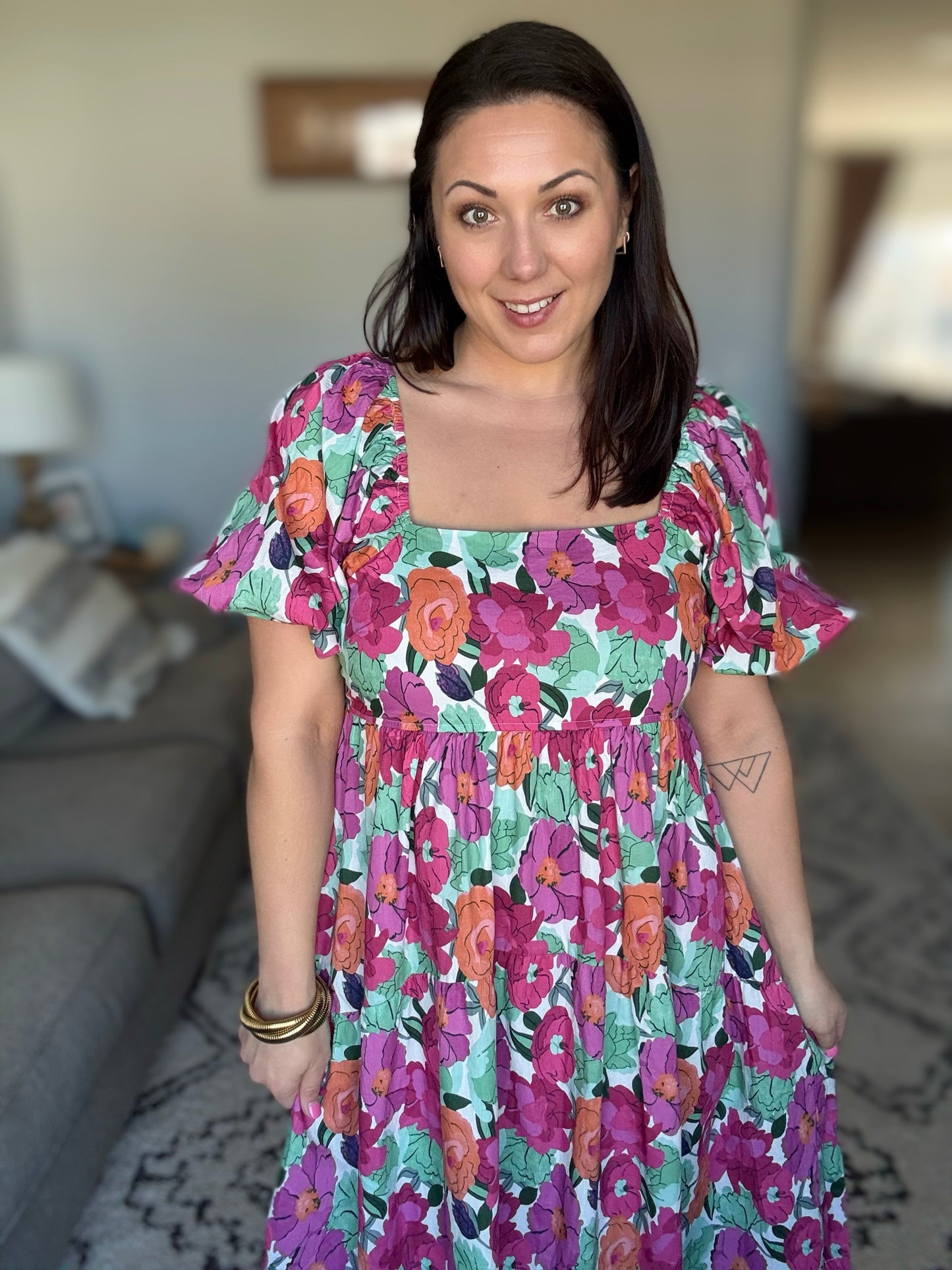 Dewdrop Blooms Puff Sleeve Floral Dress