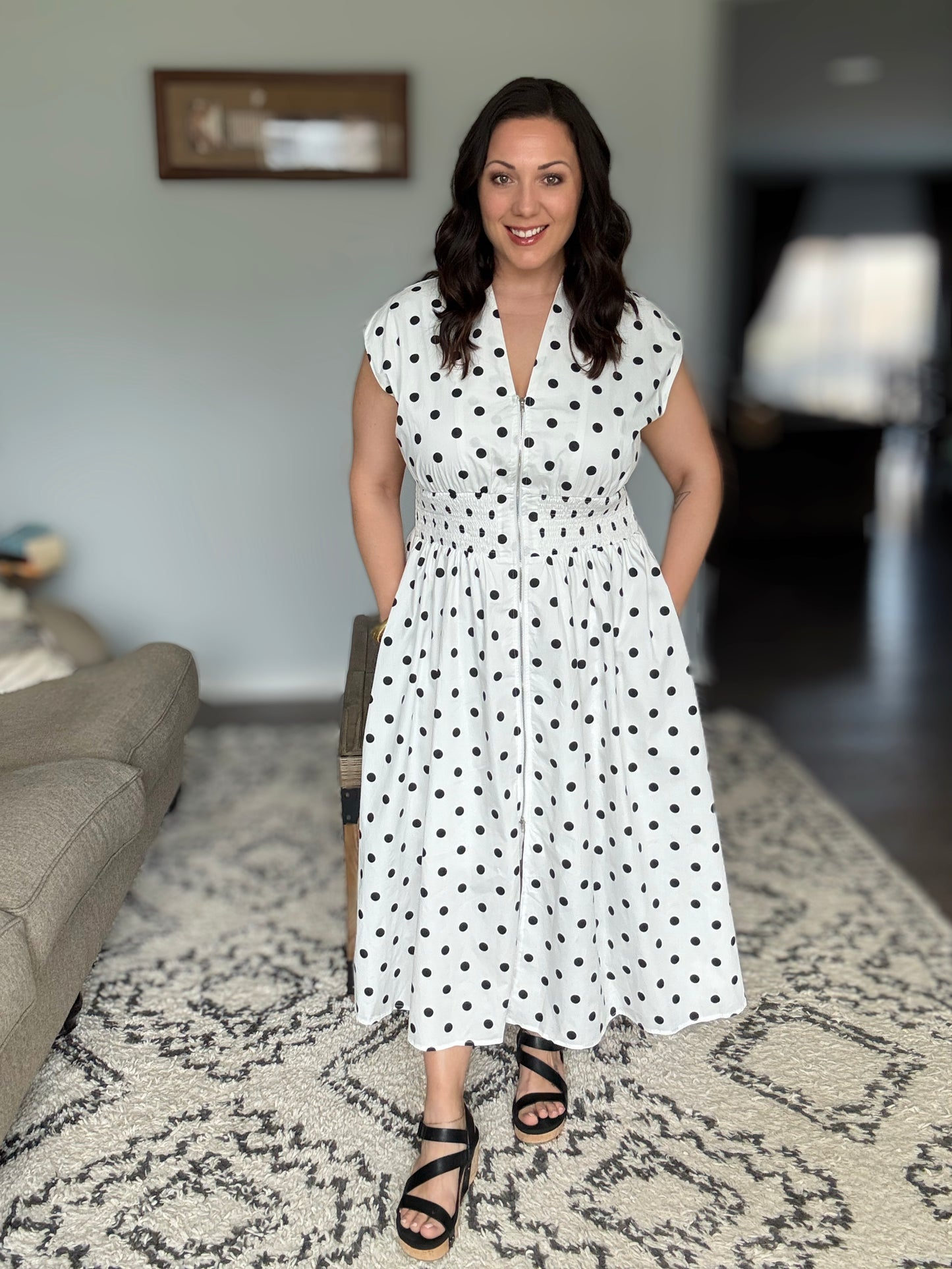 She + Sky Front Zip Polka Dot Cap Sleeve Midi Dress in Off White