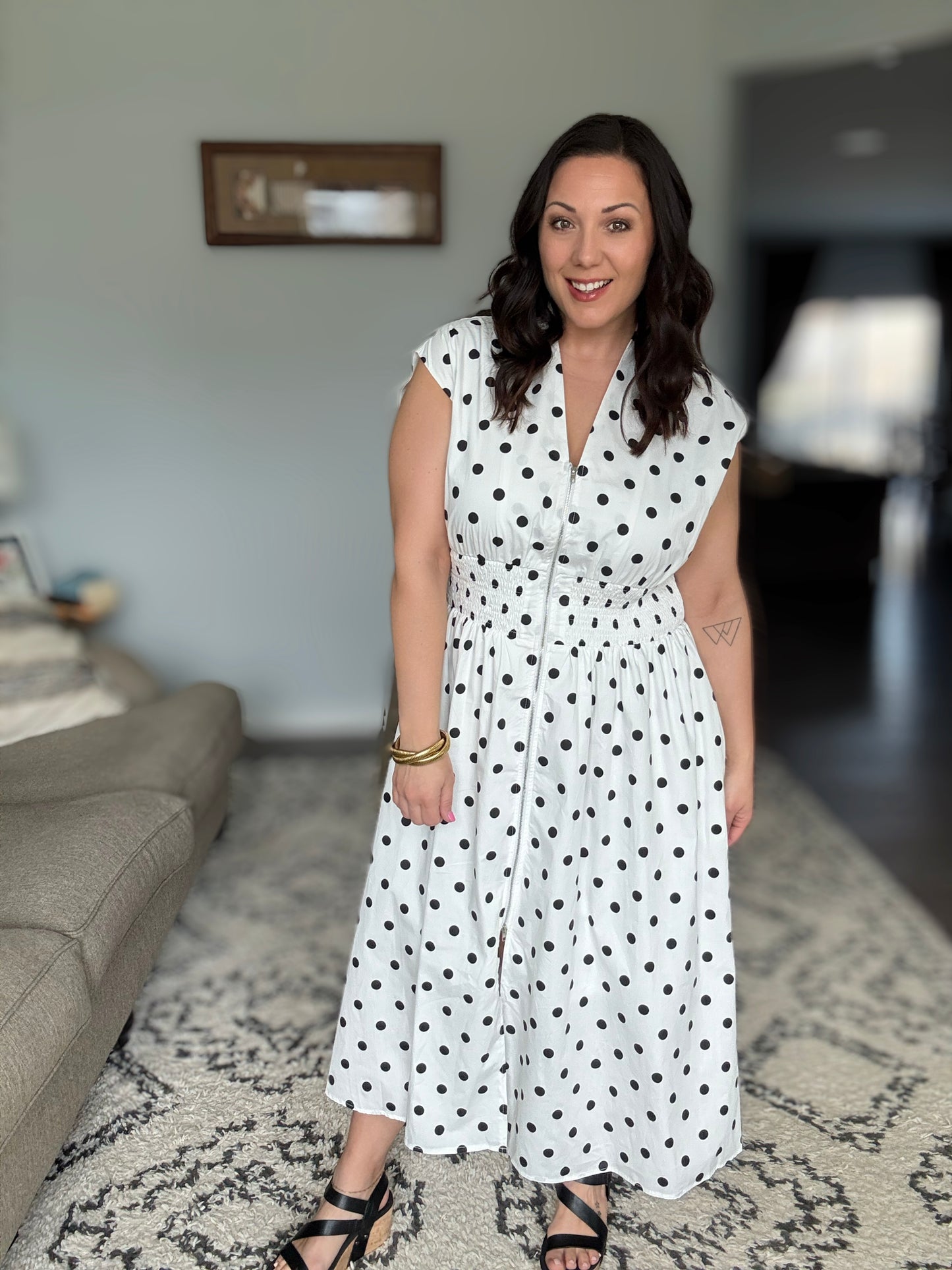 She + Sky Front Zip Polka Dot Cap Sleeve Midi Dress in Off White