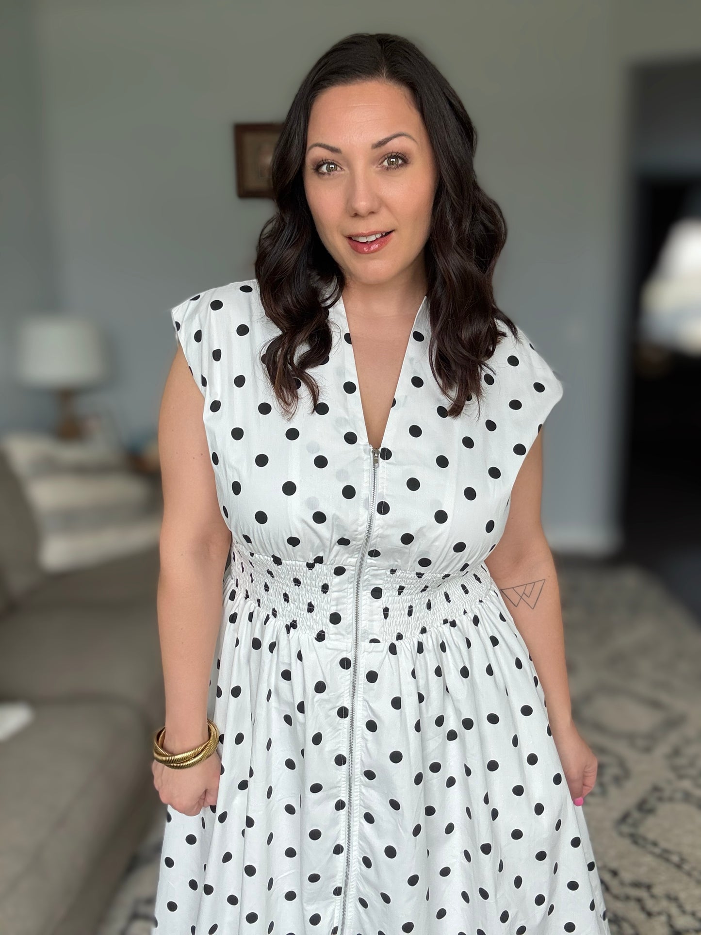 She + Sky Front Zip Polka Dot Cap Sleeve Midi Dress in Off White