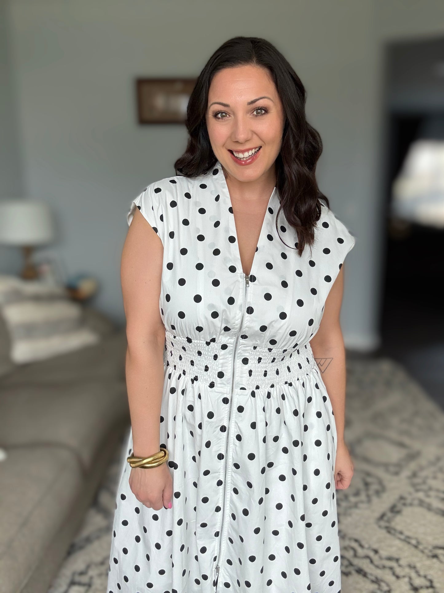 She + Sky Front Zip Polka Dot Cap Sleeve Midi Dress in Off White