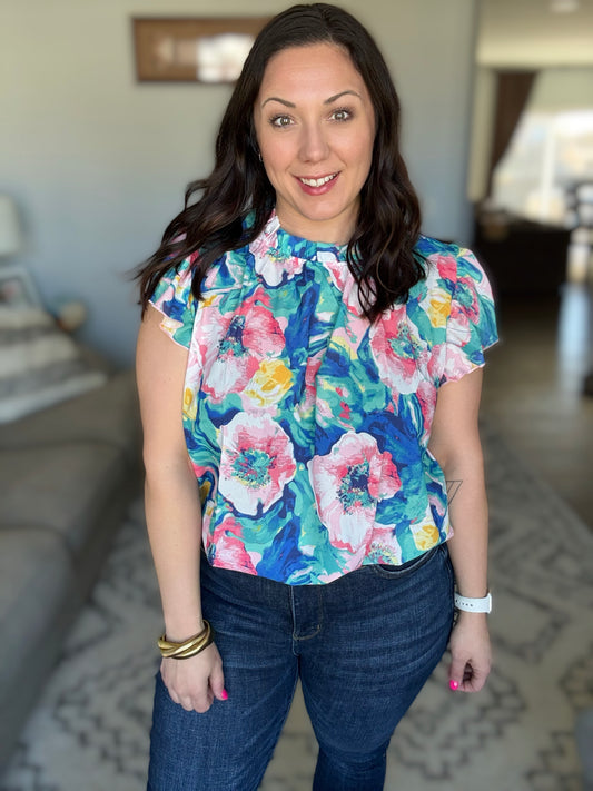 BiBi Floral Round Neck Ruffled Cap Sleeve Blouse