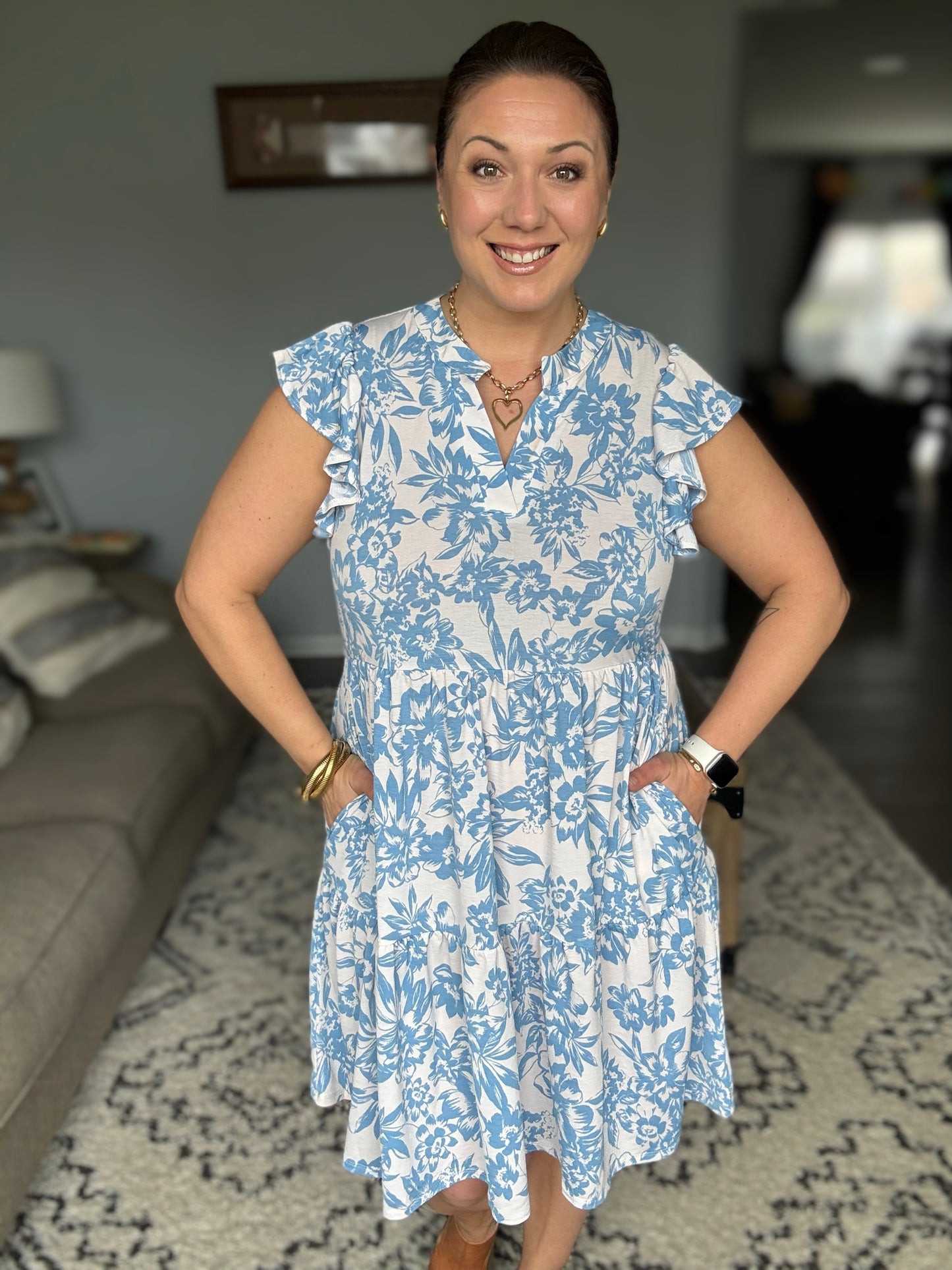 Lizzy Flutter Sleeve Dress in White and Blue Floral