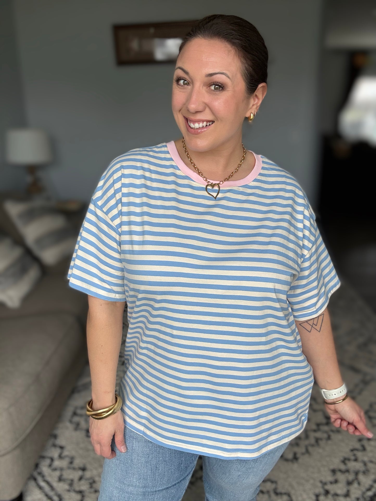 I Think I'm in Love Round Neck Loose Tee in Blue and Pink
