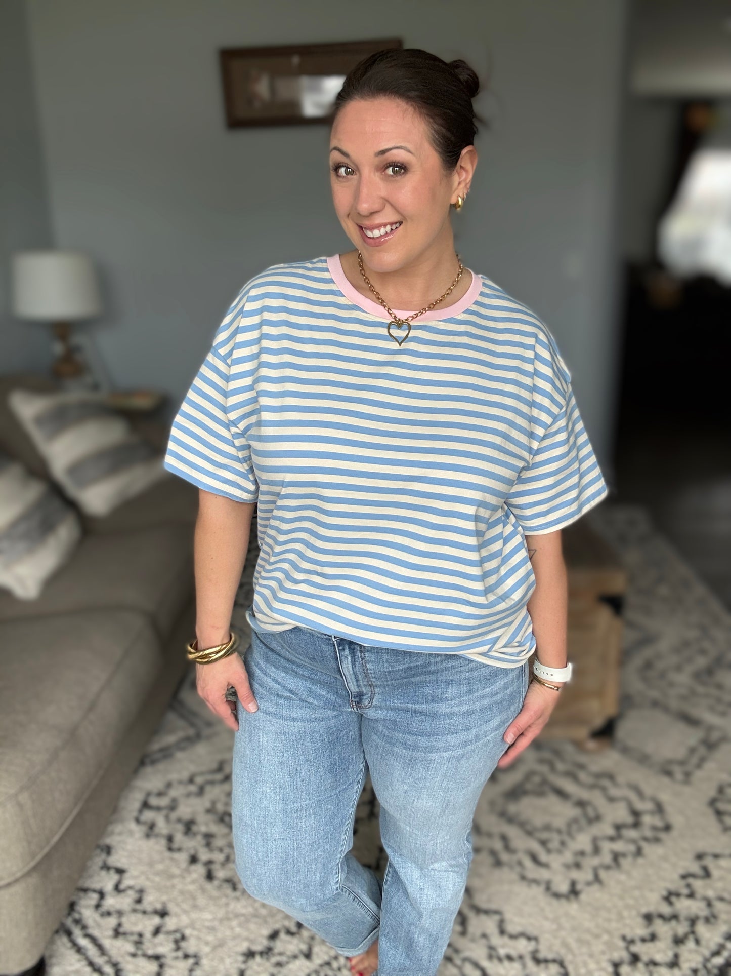 I Think I'm in Love Round Neck Loose Tee in Blue and Pink