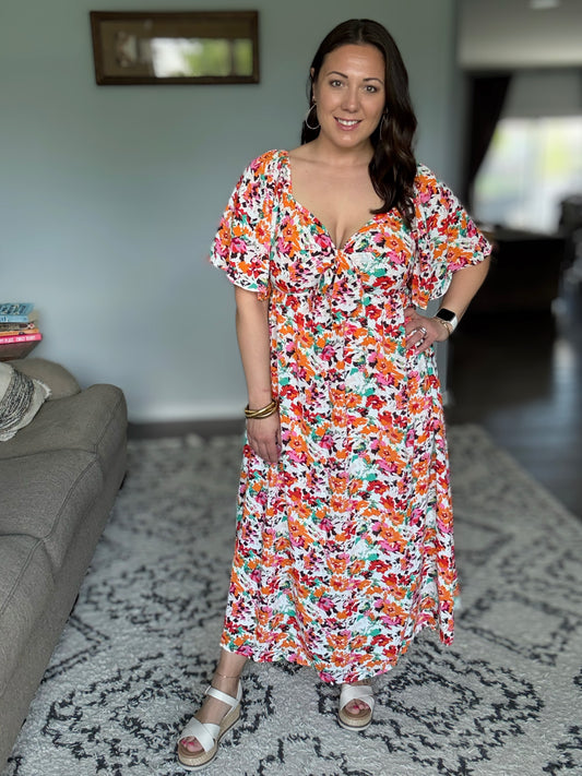 Lime 'N' Chili Floral Print Sweetheart Tie Front Midi Dress in Orange Combo