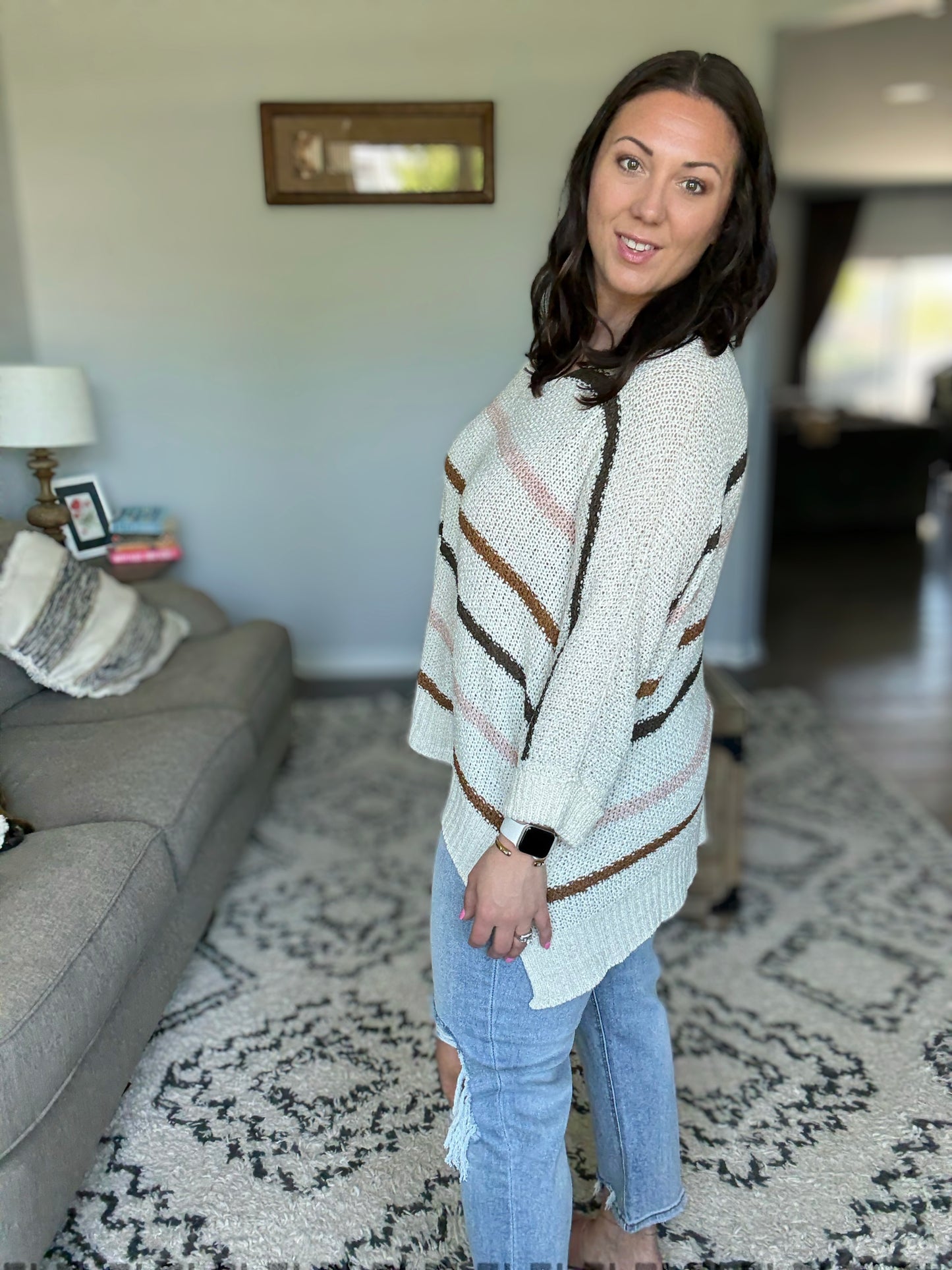 ADORA Blush Neutral Striped 3/4 Cuffed Sleeve Knit Sweater