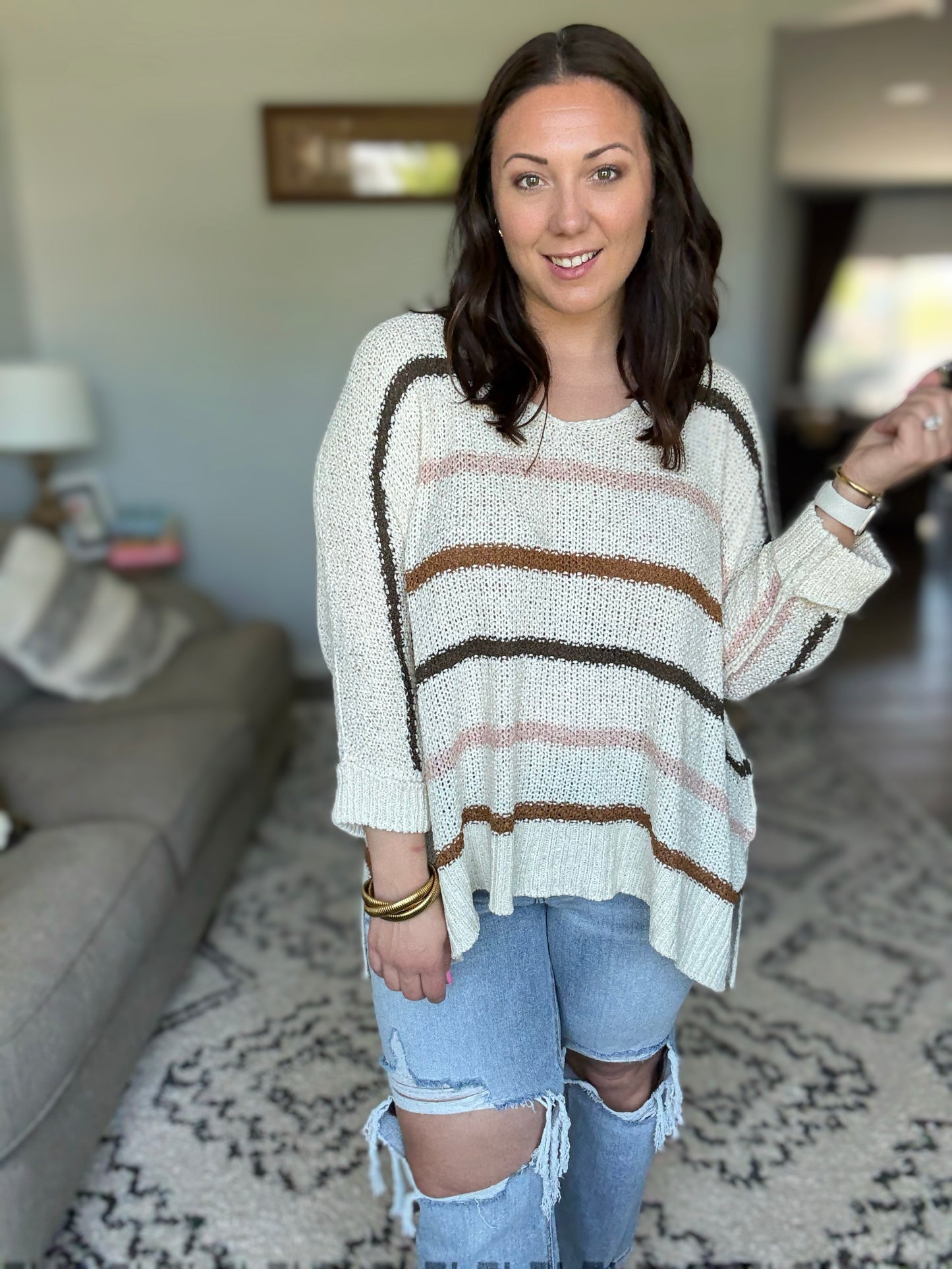 ADORA Blush Neutral Striped 3/4 Cuffed Sleeve Knit Sweater