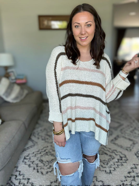 ADORA Blush Neutral Striped 3/4 Cuffed Sleeve Knit Sweater