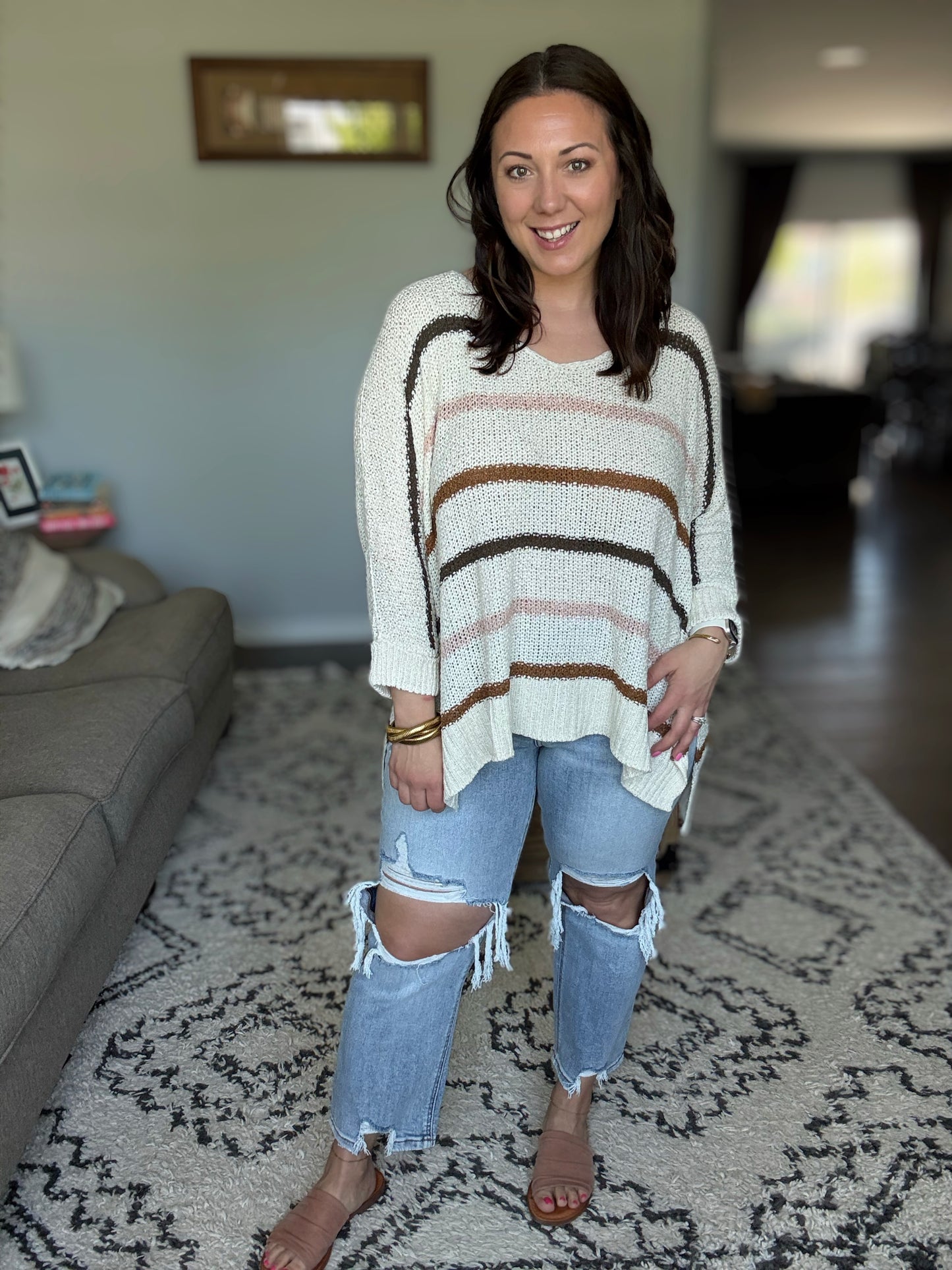 ADORA Blush Neutral Striped 3/4 Cuffed Sleeve Knit Sweater