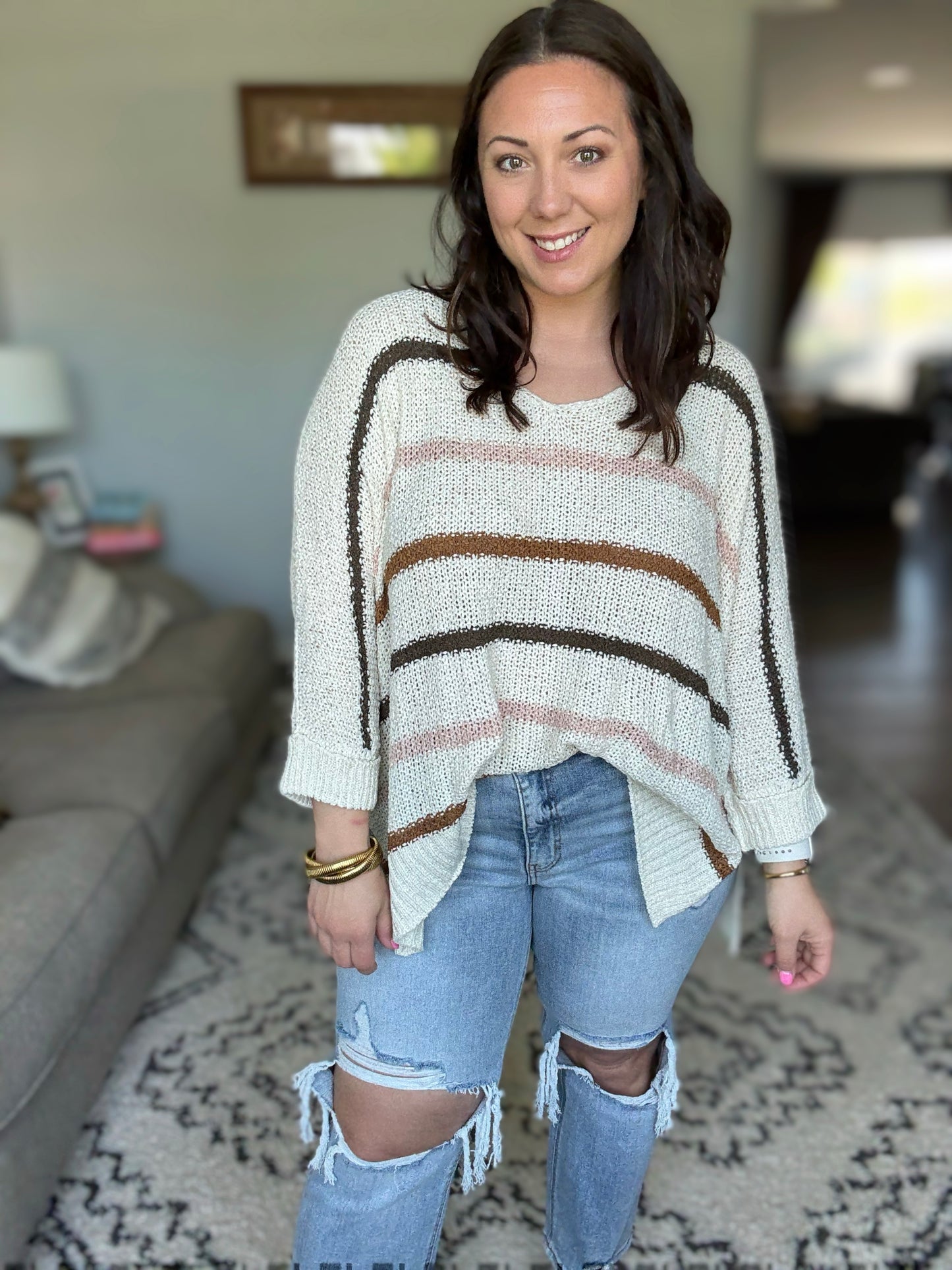 ADORA Blush Neutral Striped 3/4 Cuffed Sleeve Knit Sweater