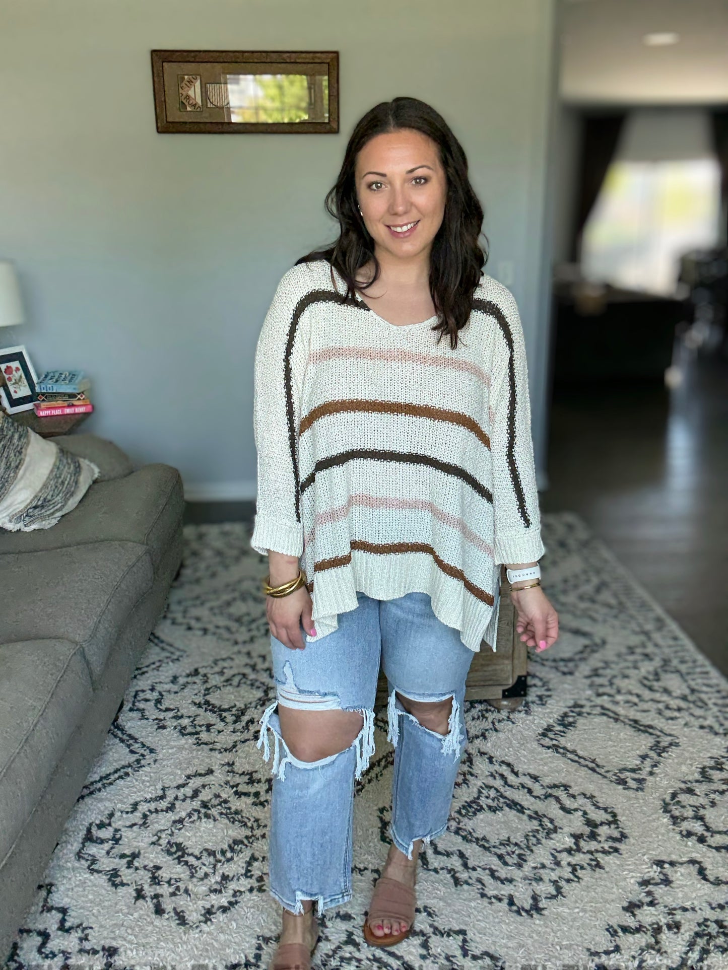 ADORA Blush Neutral Striped 3/4 Cuffed Sleeve Knit Sweater