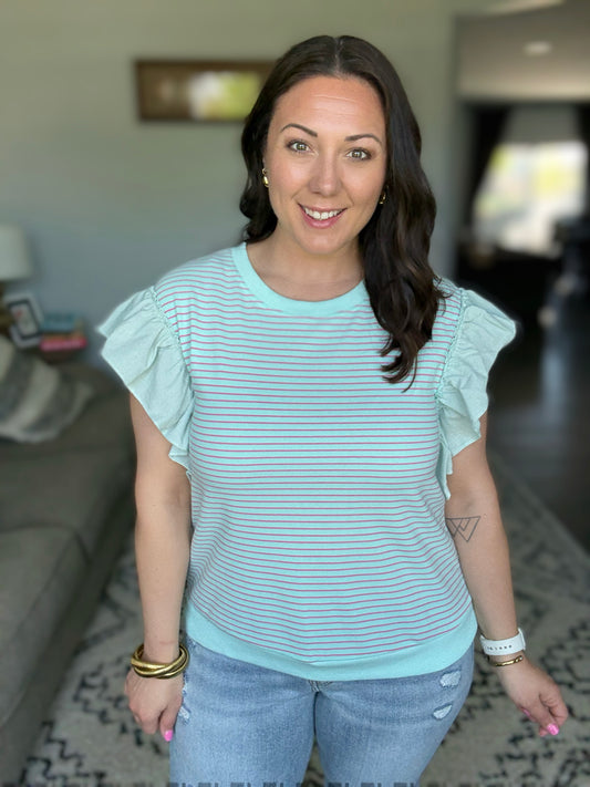 Lime 'N' Chili Striped Contrast Ruffle Sleeveless Top in Mint