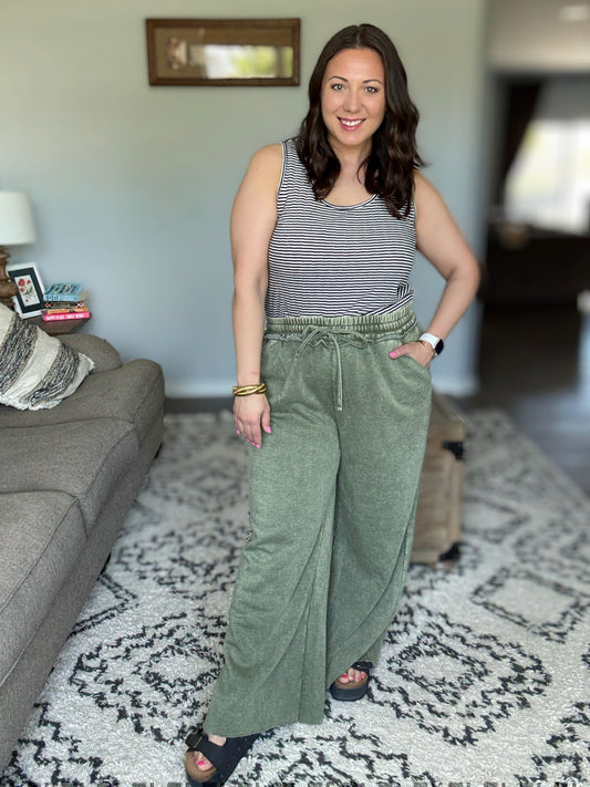 Zenana  Acid Wash Fleece Palazzo Pants in Light Olive