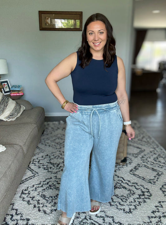 In or Out Wide Leg Cropped Pants Blue Grey