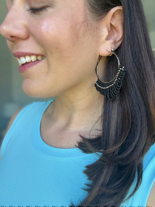 Seed Bead Tassel Hoop Earrings in Black
