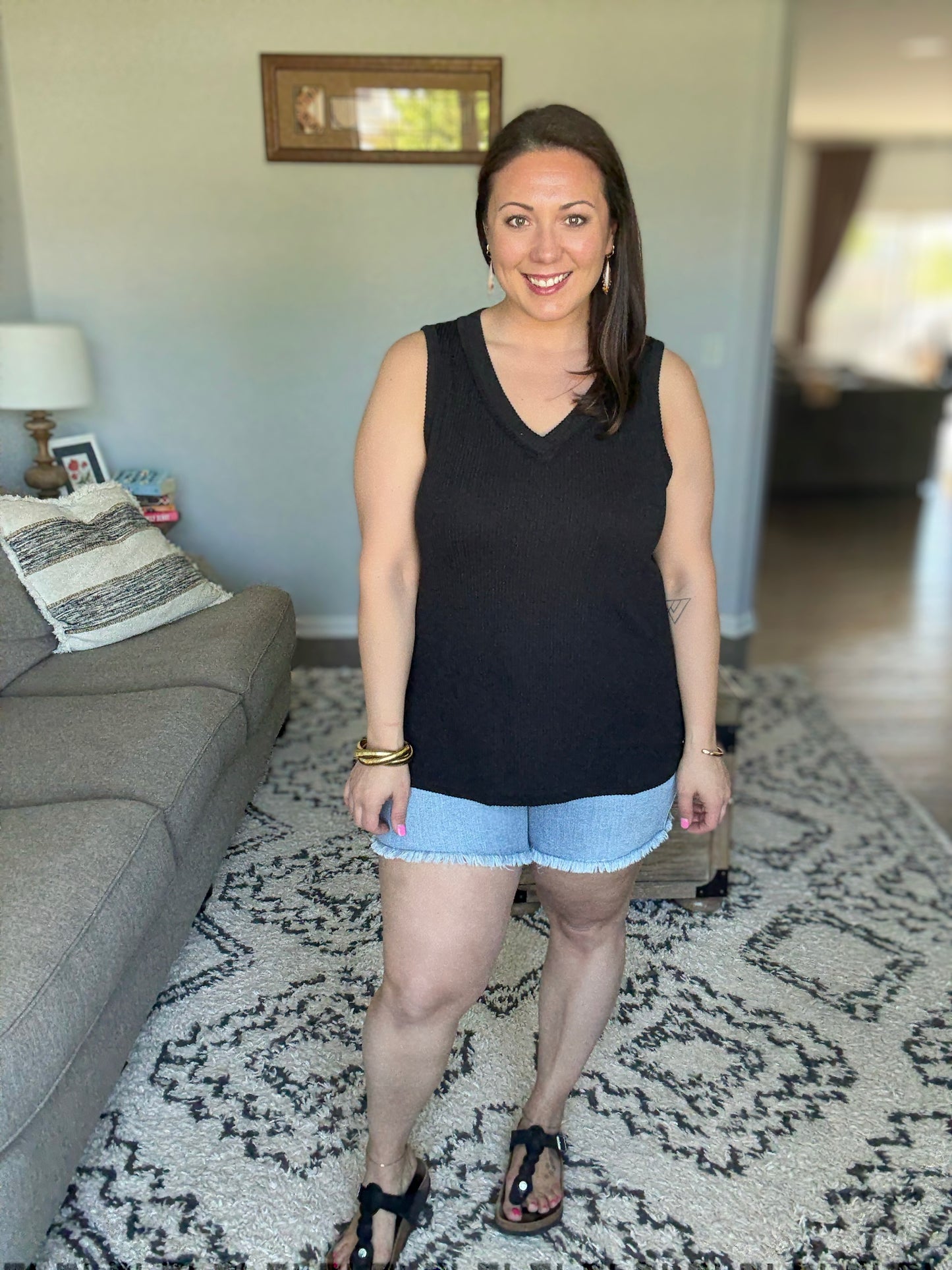 Thread Lightly Ribbed Knit Tank in Black
