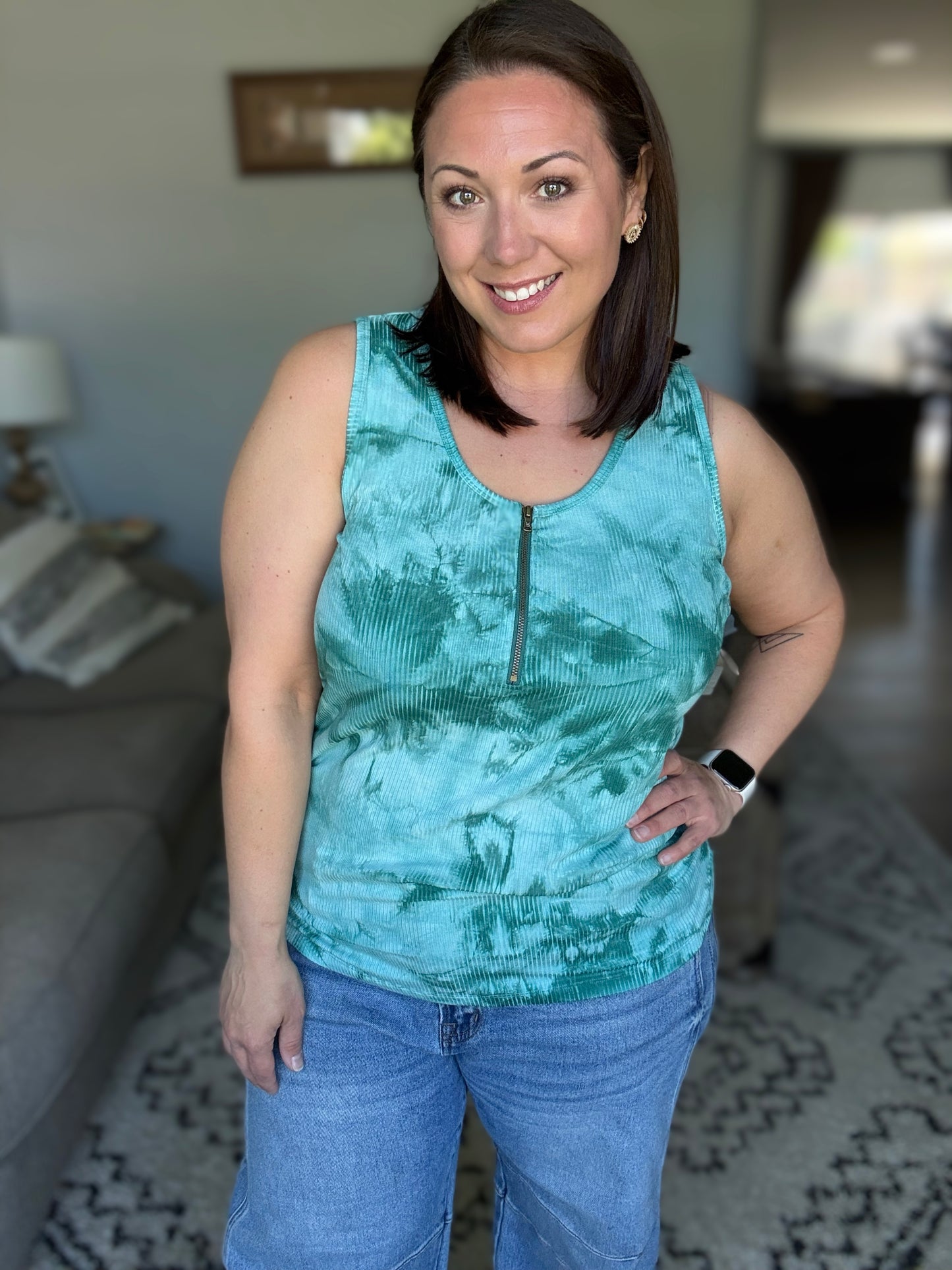 Michelle Mae Mila Zipper Tank - Teal Tie Dye