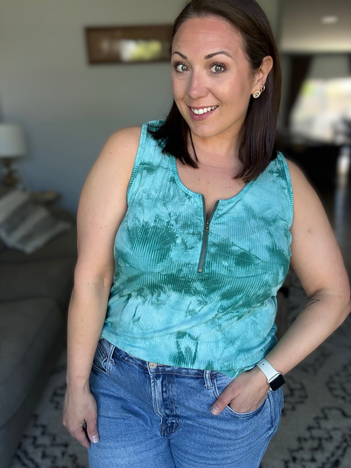 Michelle Mae Mila Zipper Tank - Teal Tie Dye